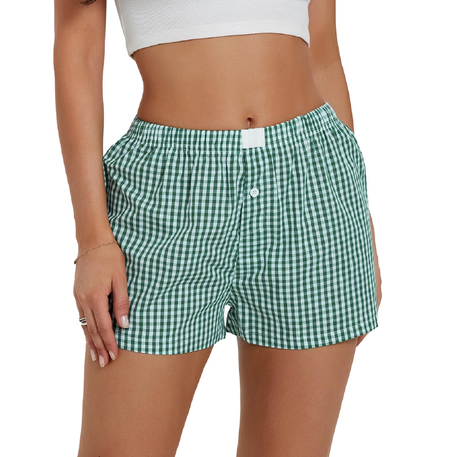Women's Y2K Plaid Elastic Waist Shorts - Gingham Pajama & Lounge Sleepwear - Comfy Cotton Boxer Shorts for Women | Perfect for Sleepovers, Lounging & Summer Nights
