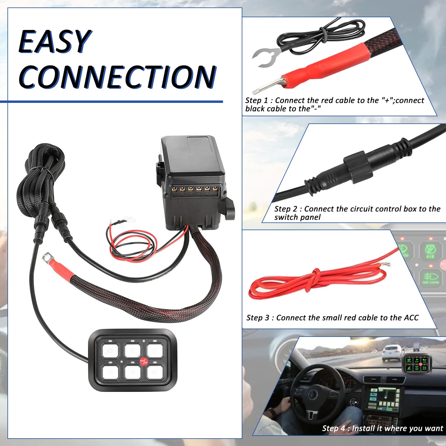 Avenemark 6 Gang Switch Panel - Universal Circuit Control Relay System with Fuse & Wiring Harness - Dimmable ON/OFF LED Switch Pod for Cars, Trucks, Boats, ATV, UTV, SUV - Perfect for Off-Roading, Marine & Vehicle Customization