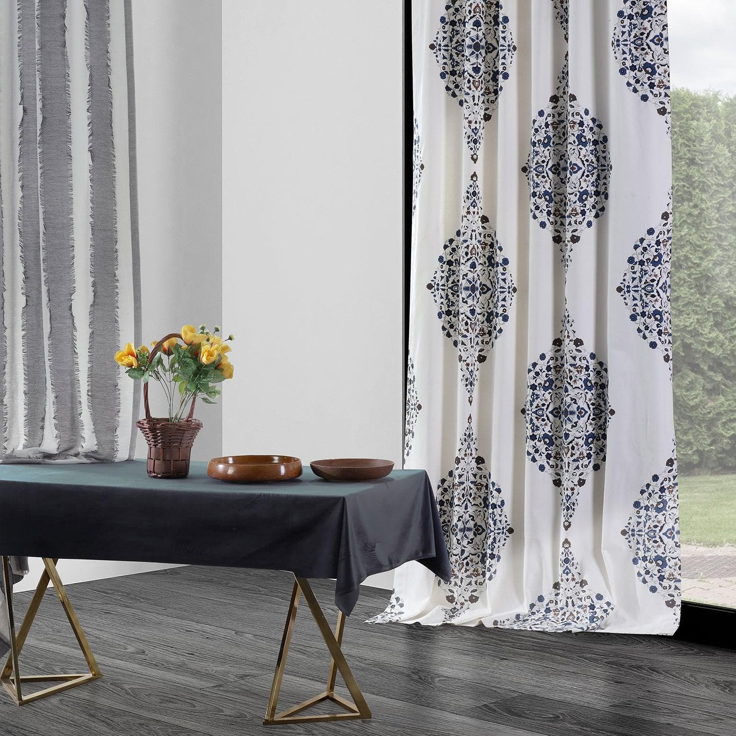 Kerala Blue Emblem Printed Cotton Custom Curtains - Handmade Indian Cotton Drapes for Living Room, Bedroom & Window Decor