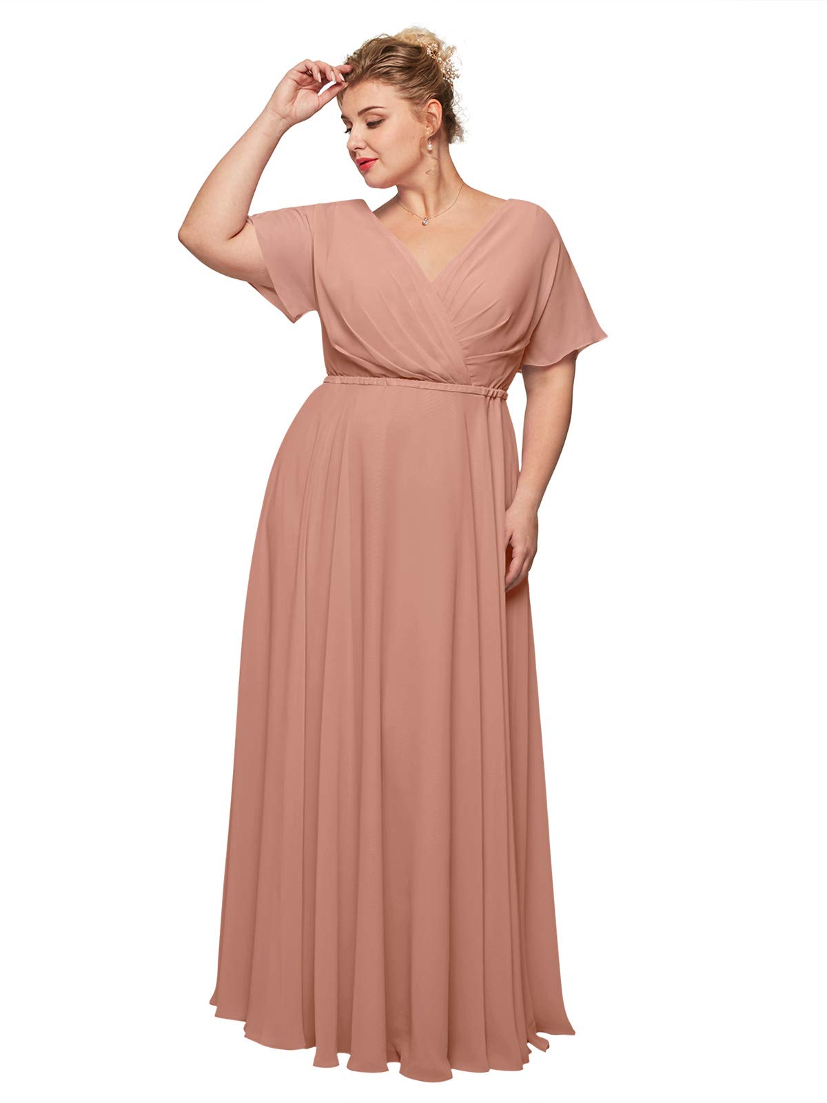 ALICEPUB Women's V-Neck Chiffon Bridesmaid Dress - Long Maxi Formal Evening Gown with Short Sleeves for Weddings, Parties & Special Occasions