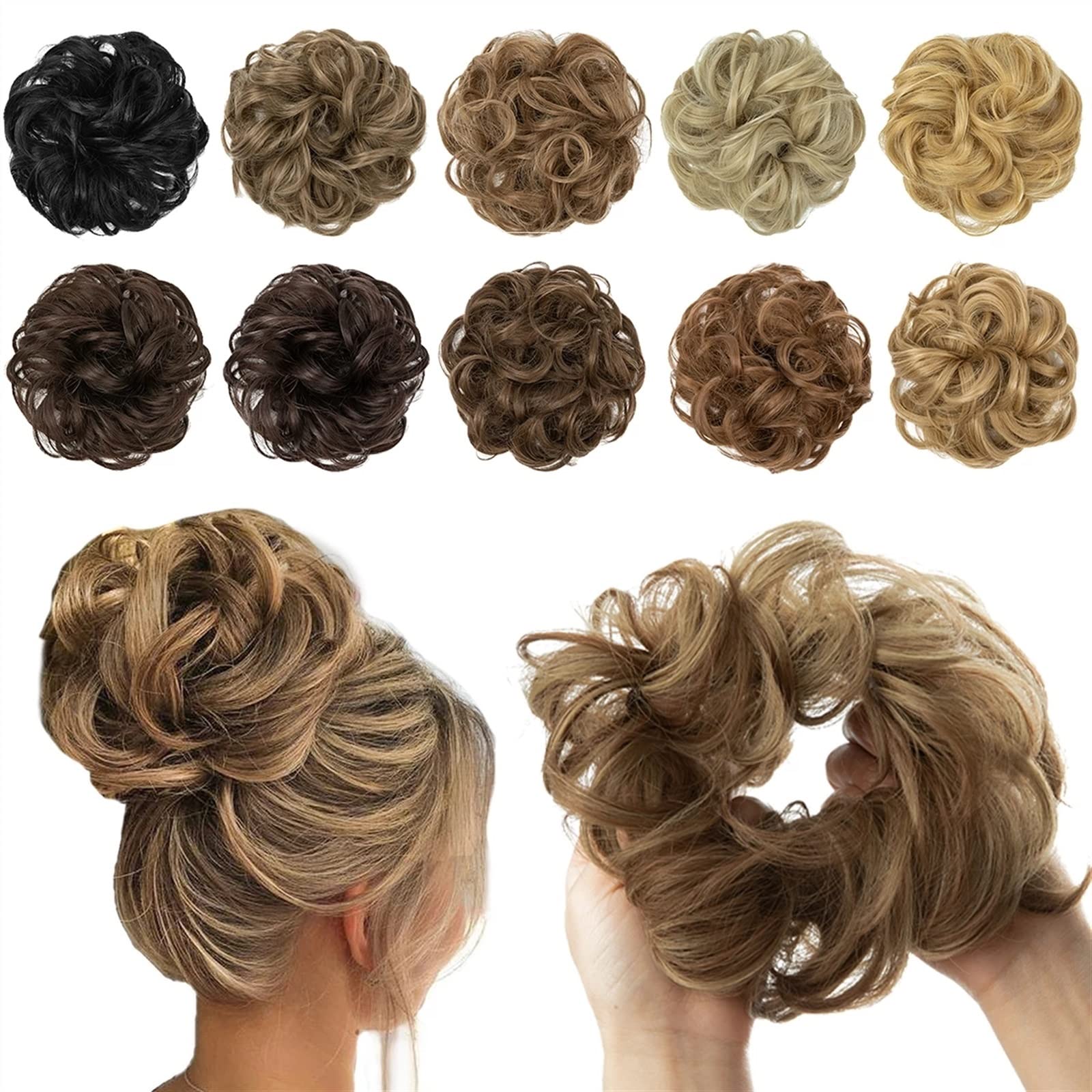 1PC Synthetic Hair Bun Extension - Messy Curly Elastic Scrunchies Hairpiece for Women | Chignon Donut Updo | Light Ash Brown | Perfect for Parties, Weddings & Everyday Styling