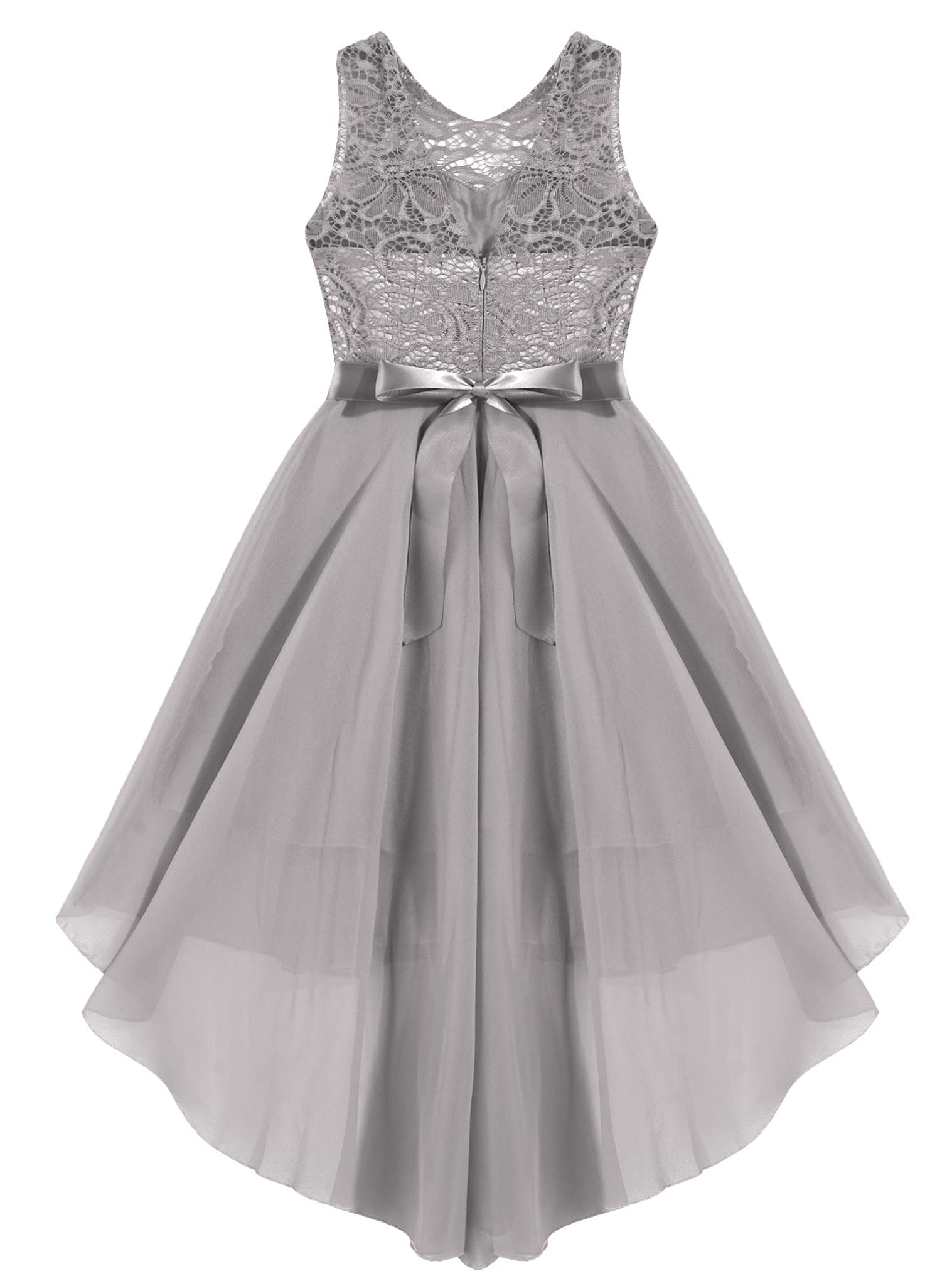 Girls Chiffon Sleeveless Floral Lace Bridesmaid Dress with High-Low Hem - Perfect for Weddings, Flower Girls, and Special Occasions