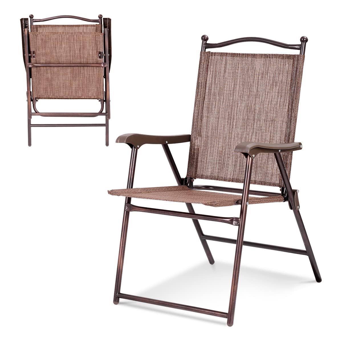 Byroce 2-Pack Patio Folding Chairs - Portable Lightweight Outdoor Lounge Chairs with Armrests & Metal Frame - Sturdy Foldable Sling Back Chairs for Garden, Beach, Camping, Picnic & Backyard (Brown)