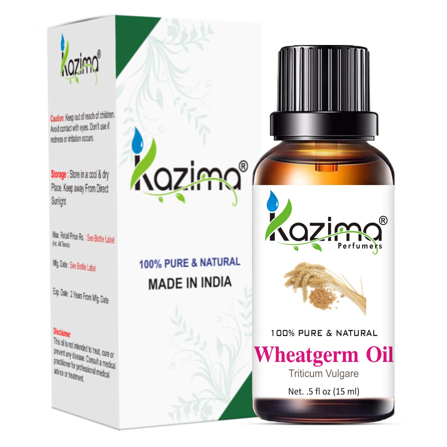 KAZIMA 100% Pure Cold Pressed Wheat Germ Carrier Oil - Natural & Undiluted for Skin Care, Hair Growth & Massage (15ml) - Perfect for DIY Beauty, Aromatherapy & Scalp Treatments