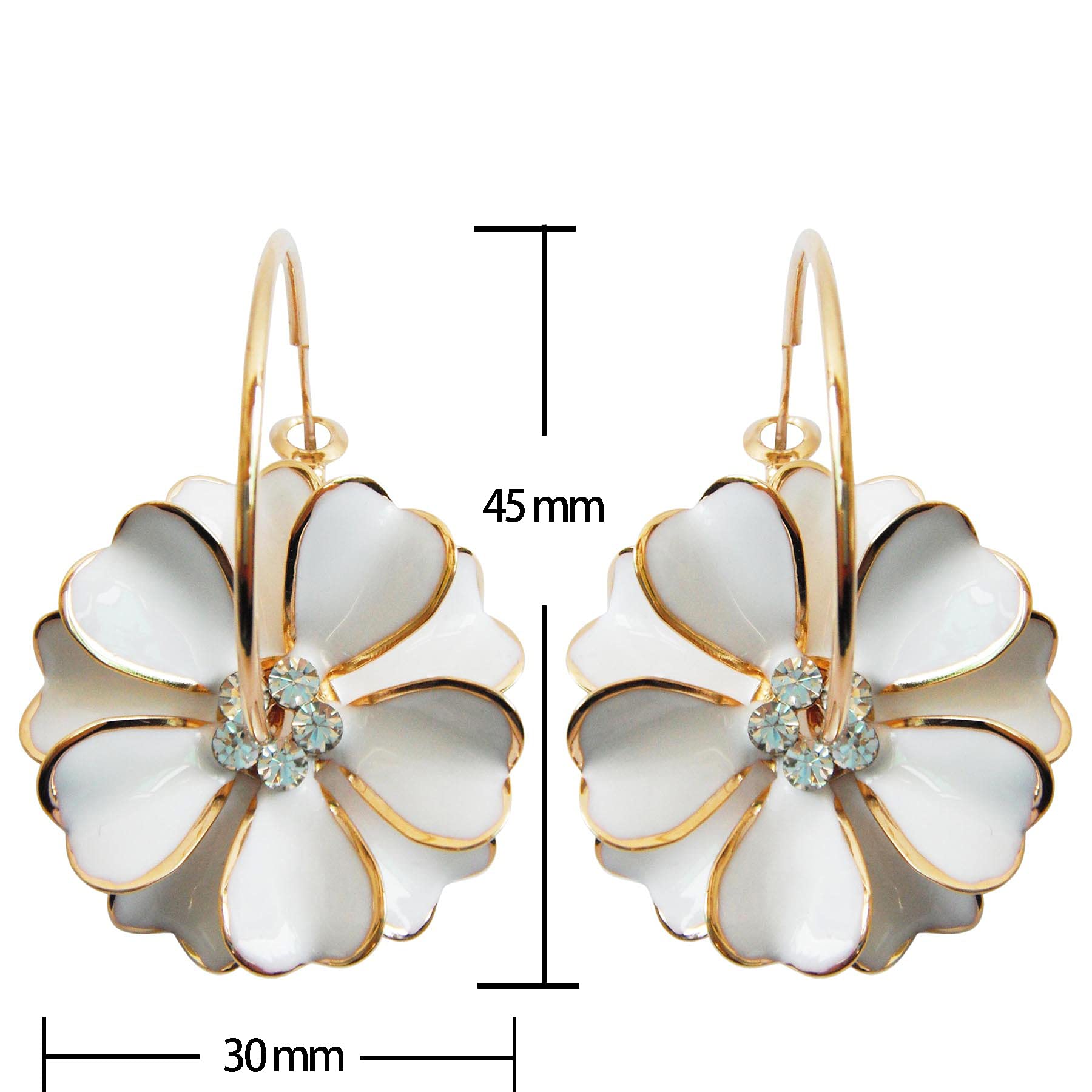 Navachi 18k Gold Plated Enamel Flower Crystal Hoop Earrings - 3cm Diameter | Elegant Dangle Earrings for Women | Perfect for Weddings, Parties & Everyday Wear