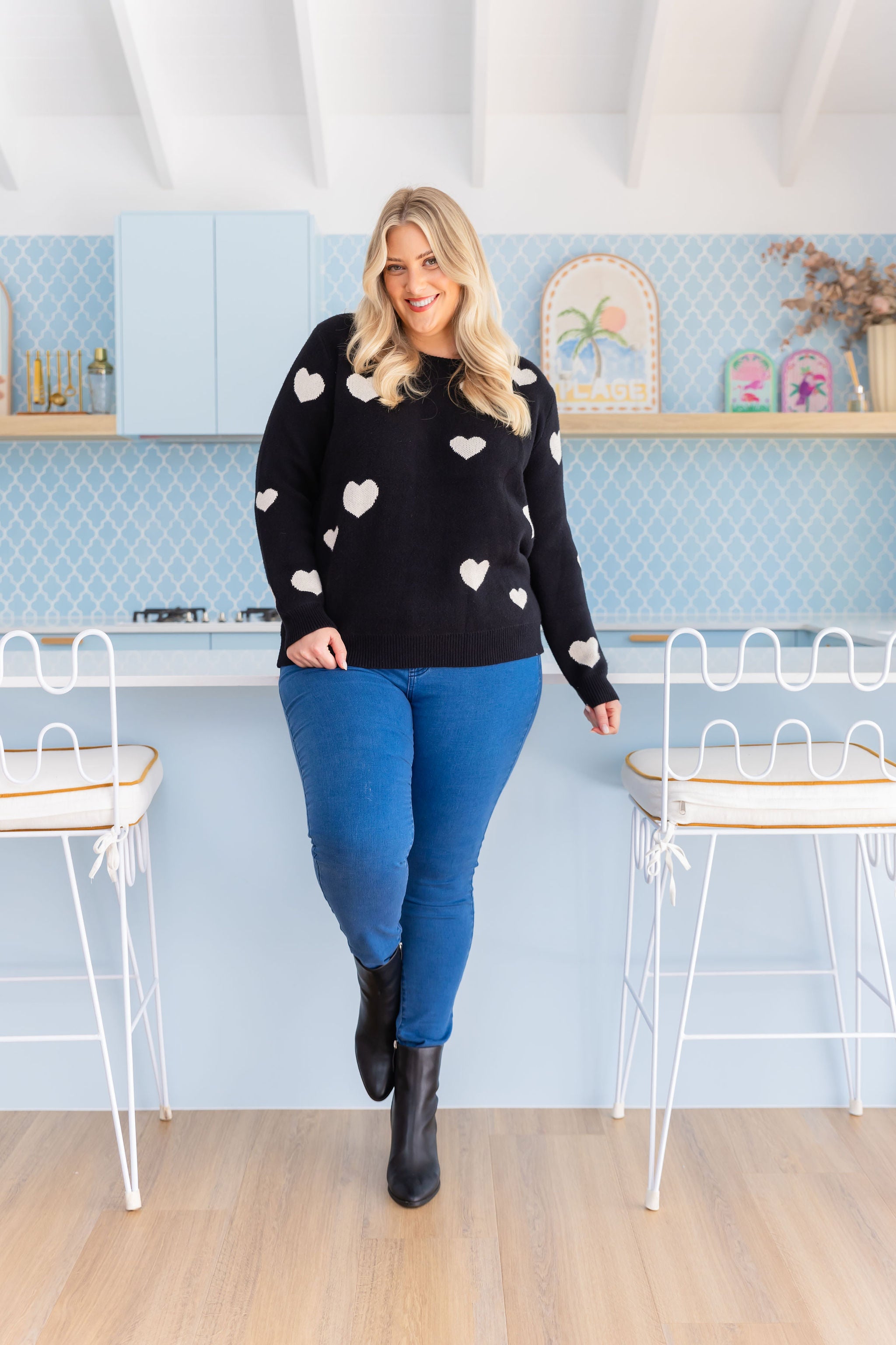 Amor Knit Jumper Women's Black Sweater with Cream Heart Pattern - Cozy Winter Pullover for Casual Outfits & Date Nights