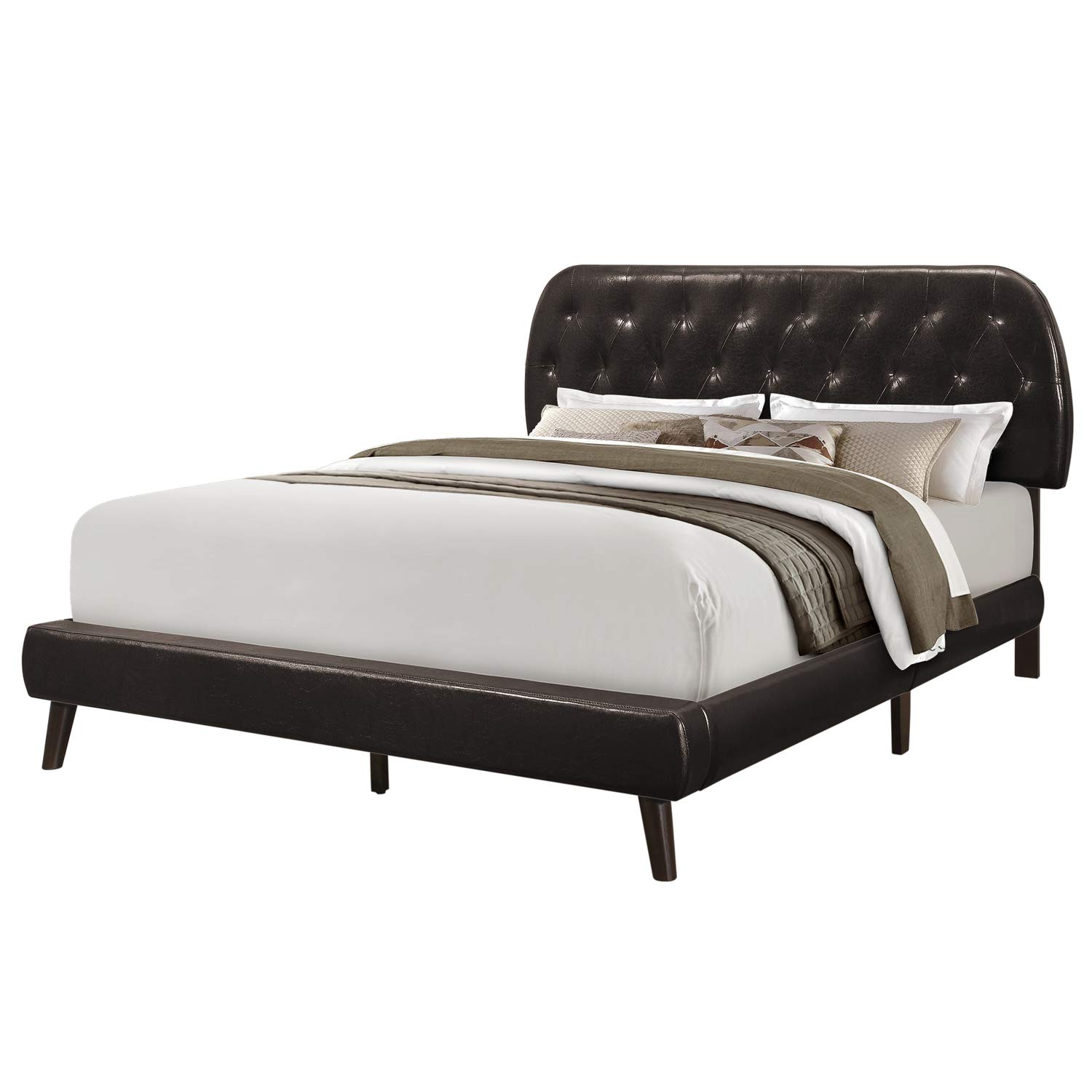 Monarch Specialties Queen Size Brown Leather-Look Bed Frame with Wood Legs - Elegant Bedroom Furniture for Master Suite or Guest Room