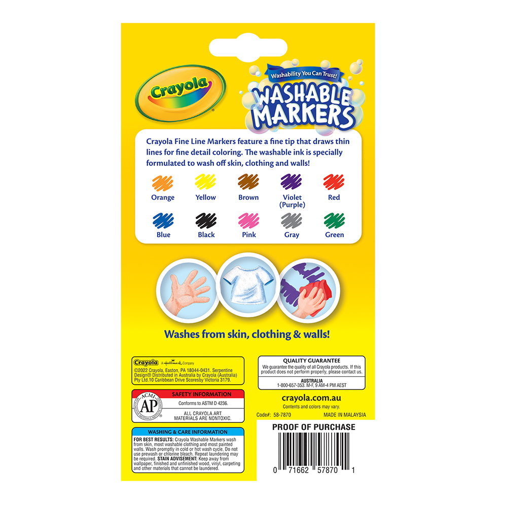 10-Pack Crayola Washable Fine Line Markers for Kids - Non-Toxic, Vibrant Colors - Perfect for School, Art Projects & Home Activities (Ages 3+)