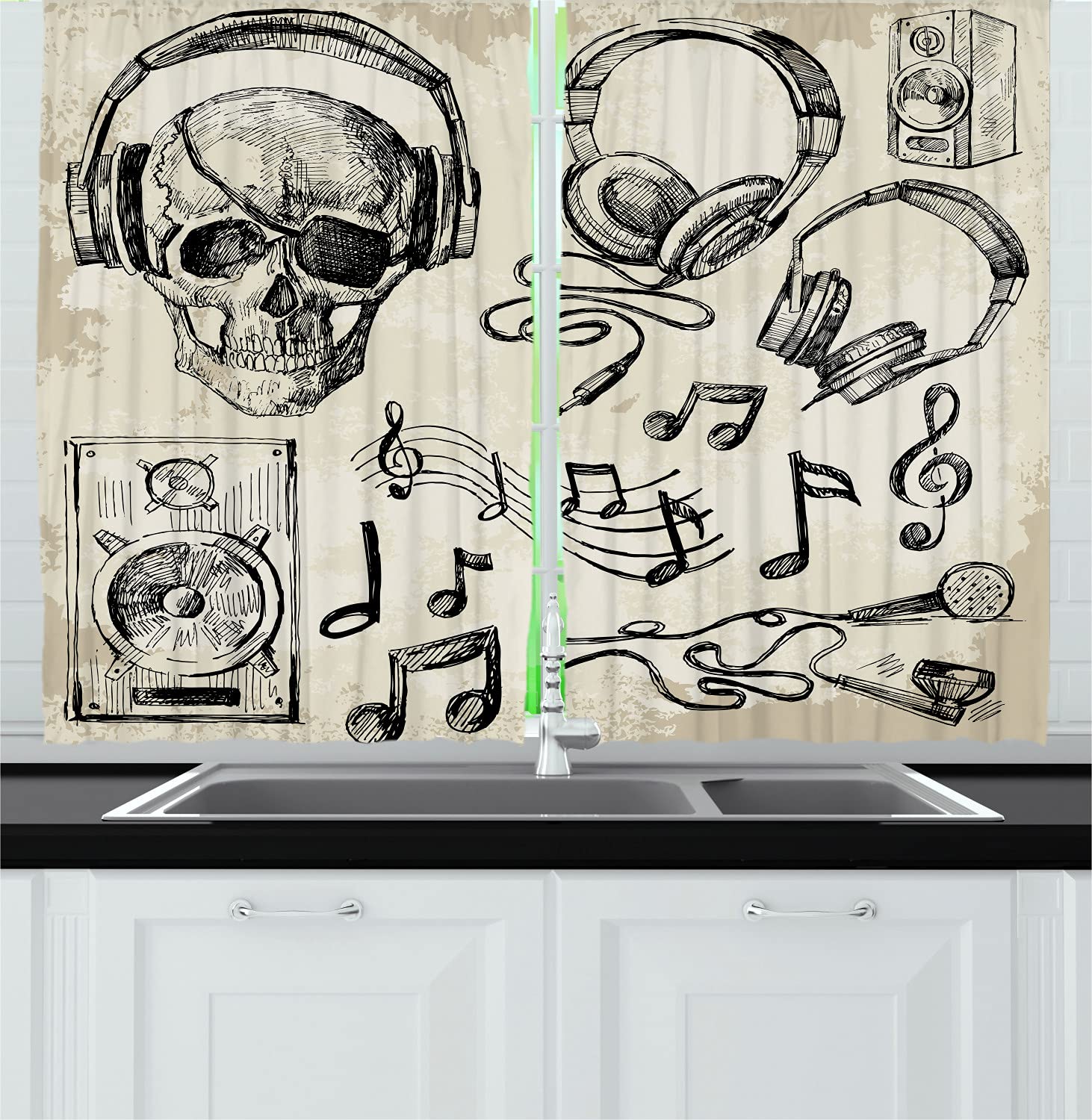 Ambesonne Music Themed Kitchen Curtains - Hipster Skull Headphones Record Player Mic Speakers Print, 2 Panel Rod Pocket Drapes, 55