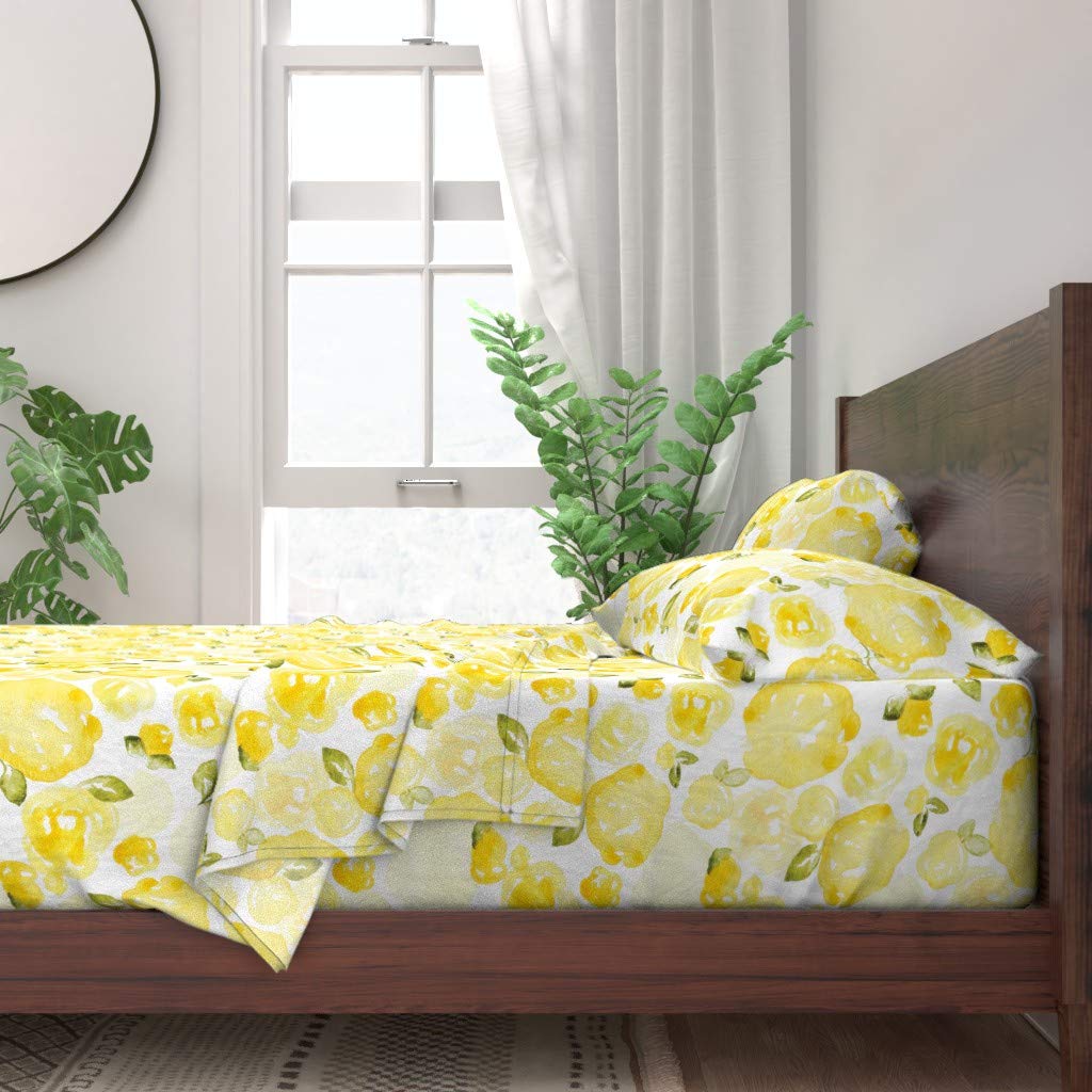 Soft Yellow Watercolor Rose Gold Floral Twin 3-Piece Cotton Sheet Set | Spoonflower 100% Organic Cotton Bedding | Perfect for Spring Decor & Boho Bedroom Aesthetics