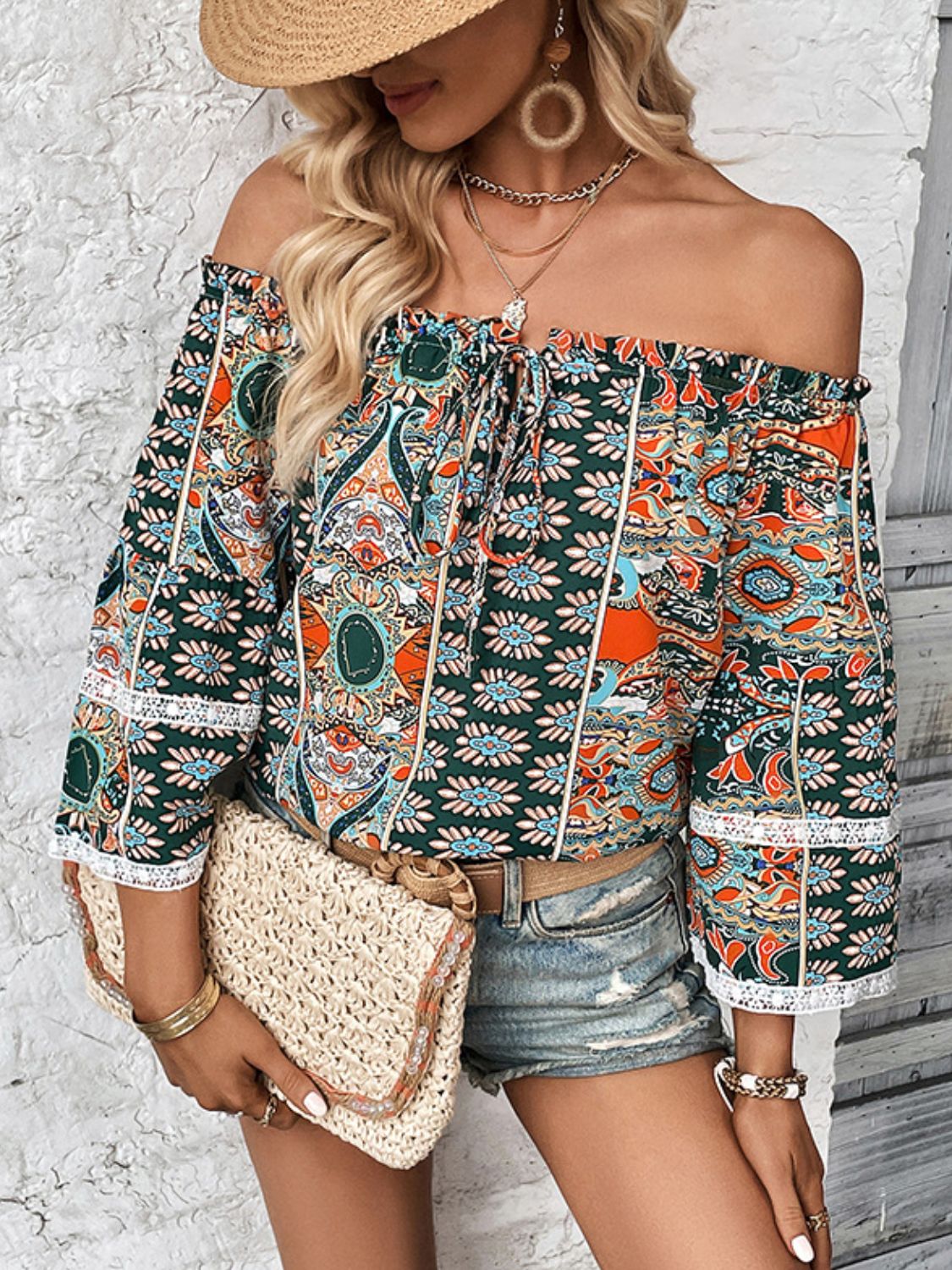 Boho Vacation Off Shoulder Blouse - Flowy Summer Beach Top for Women, Romantic Floral Print, Lightweight & Breathable - Perfect for Beach Holidays, Music Festivals & Date Nights