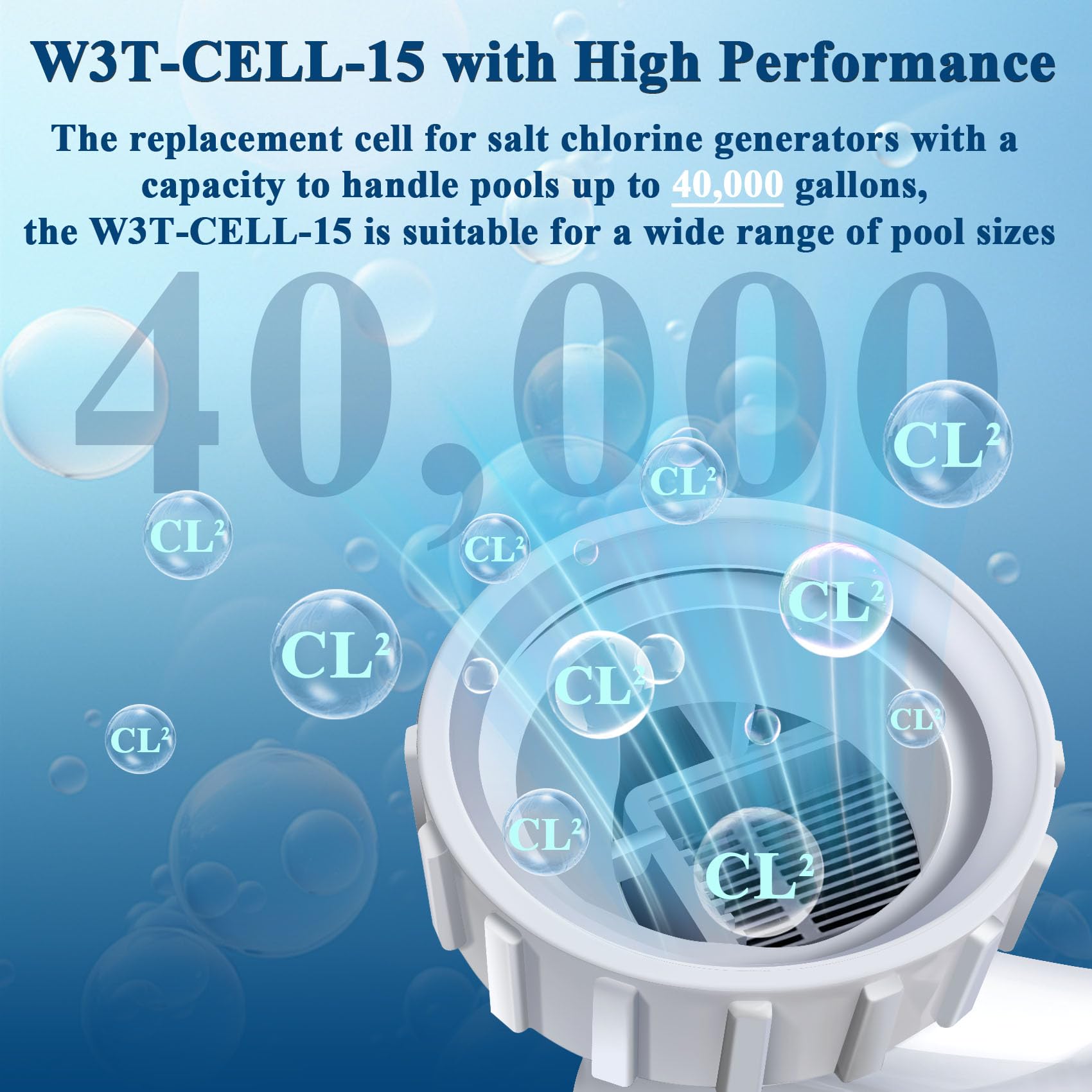 Hayward T-CELL-15 Salt Cell Replacement for In-Ground Pools - Compatible with W3T-CELL-15 Salt Chlorination System, 15-FT Cable, Up to 40,000 Gallons - Perfect for Crystal Clear Pool Water Maintenance & Saltwater Pool Sanitization