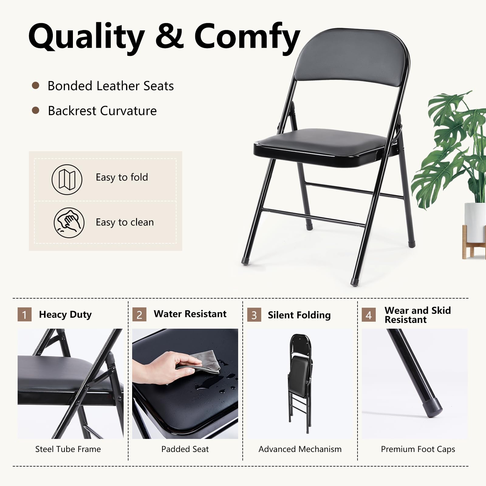 DUMOS 4 Pack Black Leather Padded Folding Chairs - Heavy Duty Steel Frame, Stackable & Portable for Indoor Outdoor Use - Perfect for Home, Office, Parties, Weddings & Events - Comfortable Commercial Seating Solution