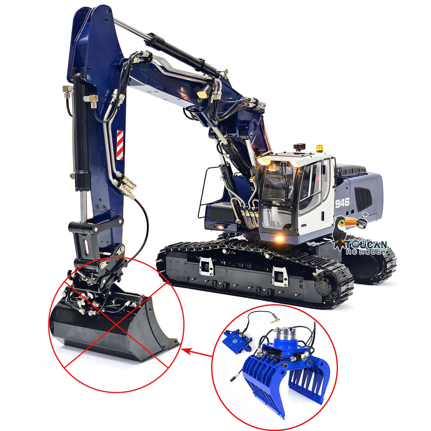 1/14 Scale 946 3-Arm RC Hydraulic Excavator Toy - Metal Remote Control Construction Digger with Tiltable Bucket, Ripper & Clamshell Grabber | Realistic Construction Play for Kids & Adults