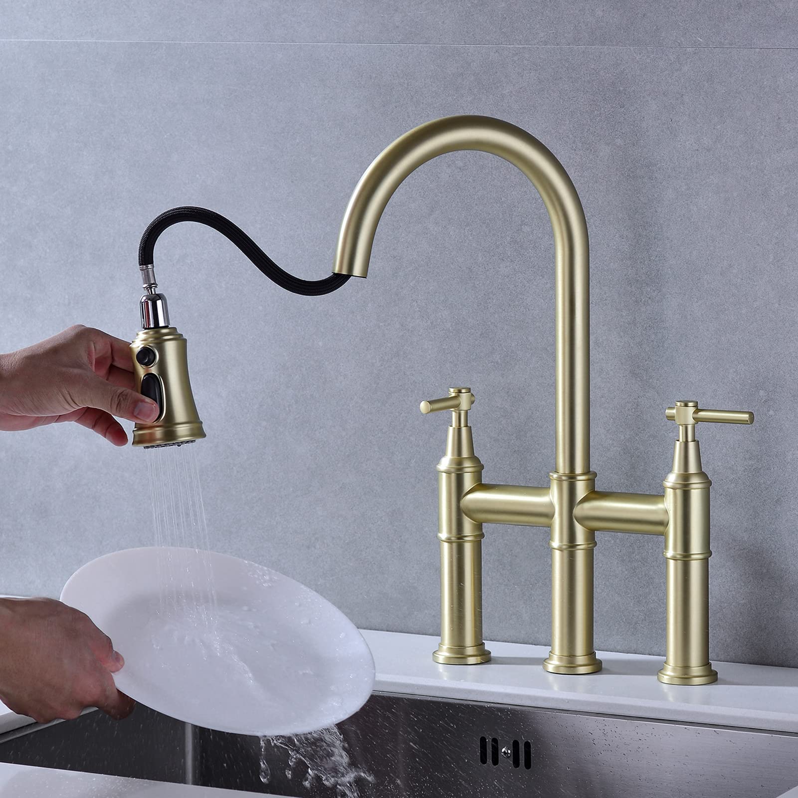 2-Handle High Arch Commercial Kitchen Faucet with Pull Down Sprayer - Solid Brass Gold Finish - 360° Swivel Sprayer for Easy Cleaning - Perfect for Restaurants & Home Kitchens