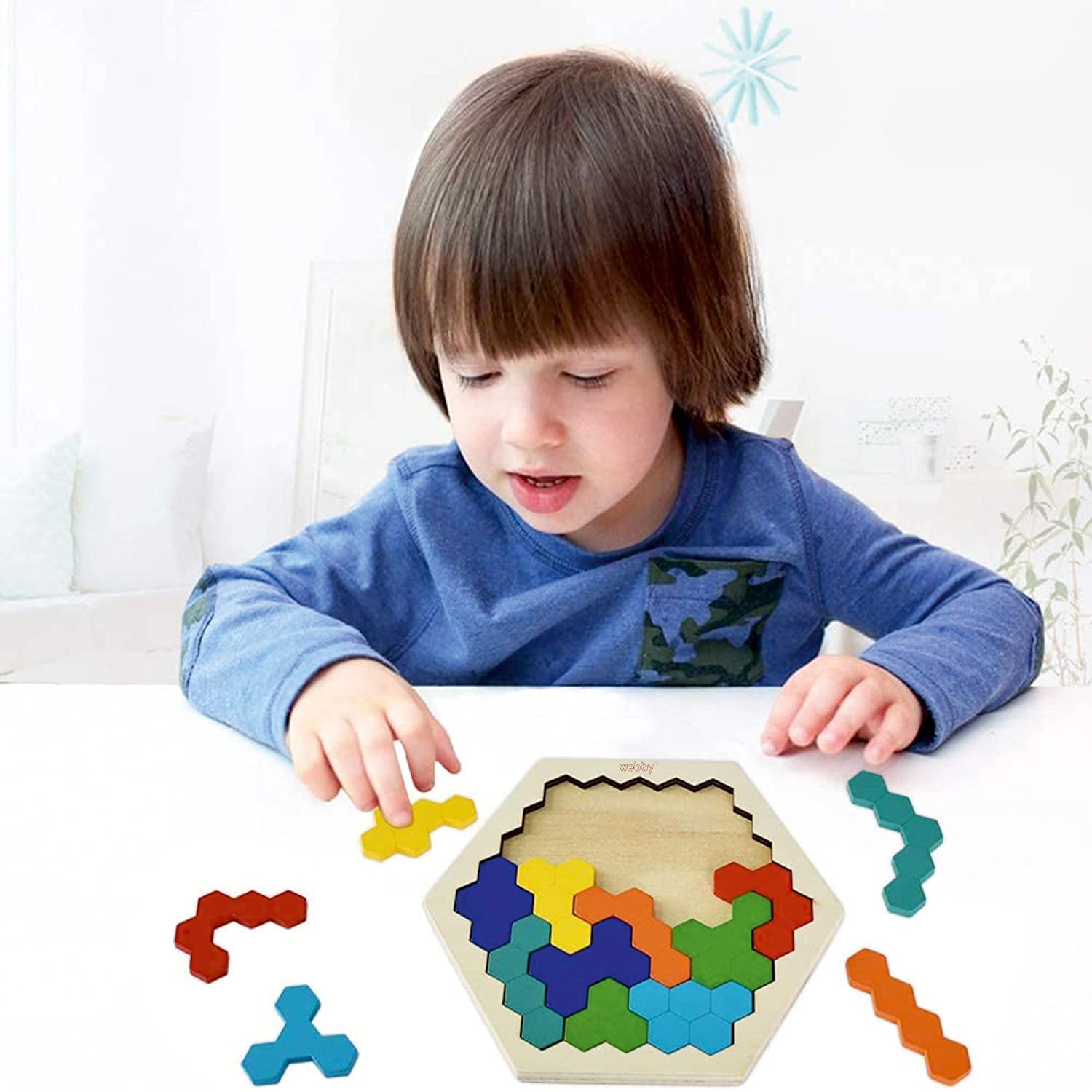 Webby Hexagonal Wooden Brain Teaser Puzzle - Educational Learning Toy for Kids | STEM Montessori Gift for Problem Solving & Critical Thinking | Perfect for Classroom, Travel & Family Game Night