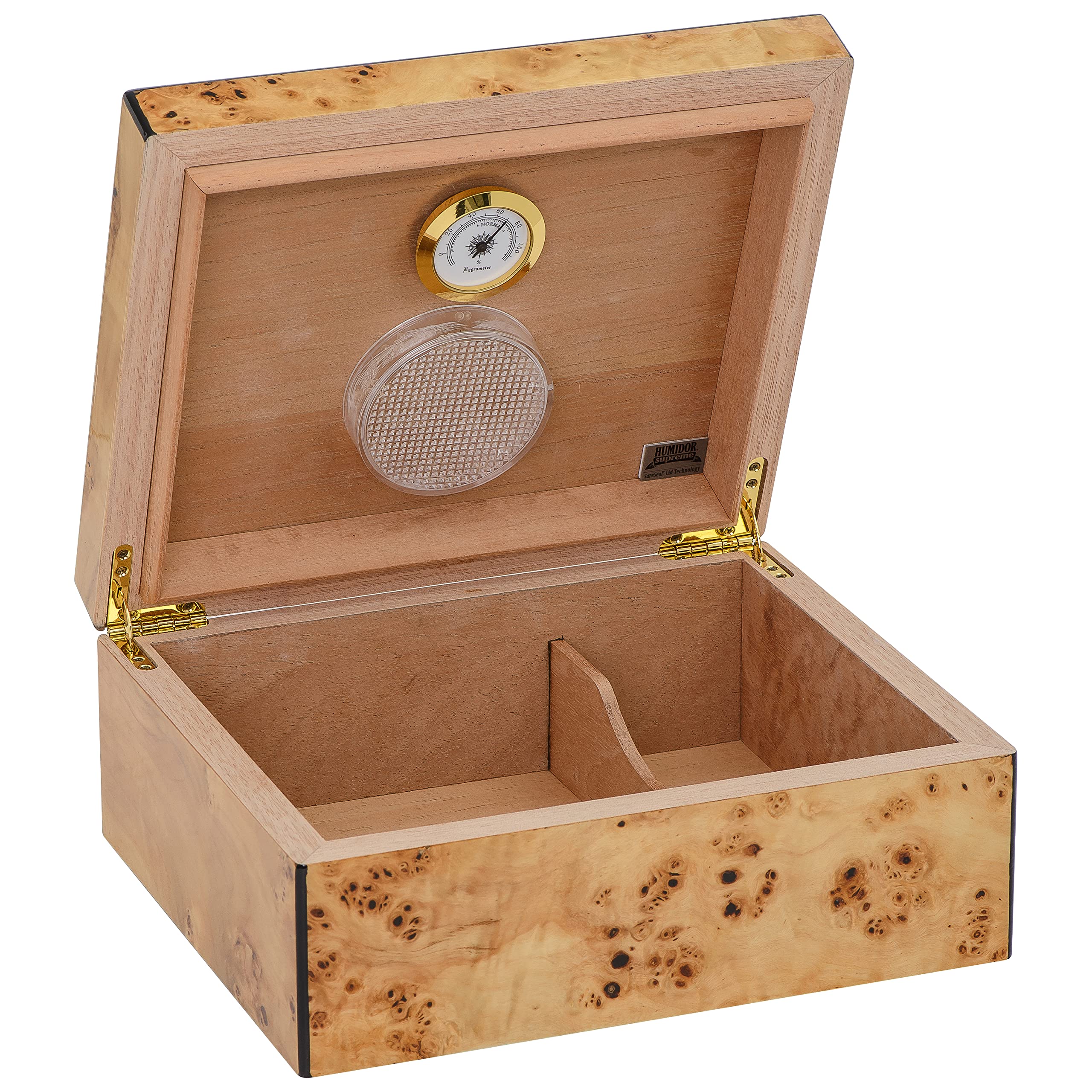 Premium Flanders Desktop Cigar Humidor - Burl Wood & Glass Hygrometer with Spanish Cedar Lining (Holds 30-55 Cigars) - Perfect for Home, Office & Cigar Lounge Storage
