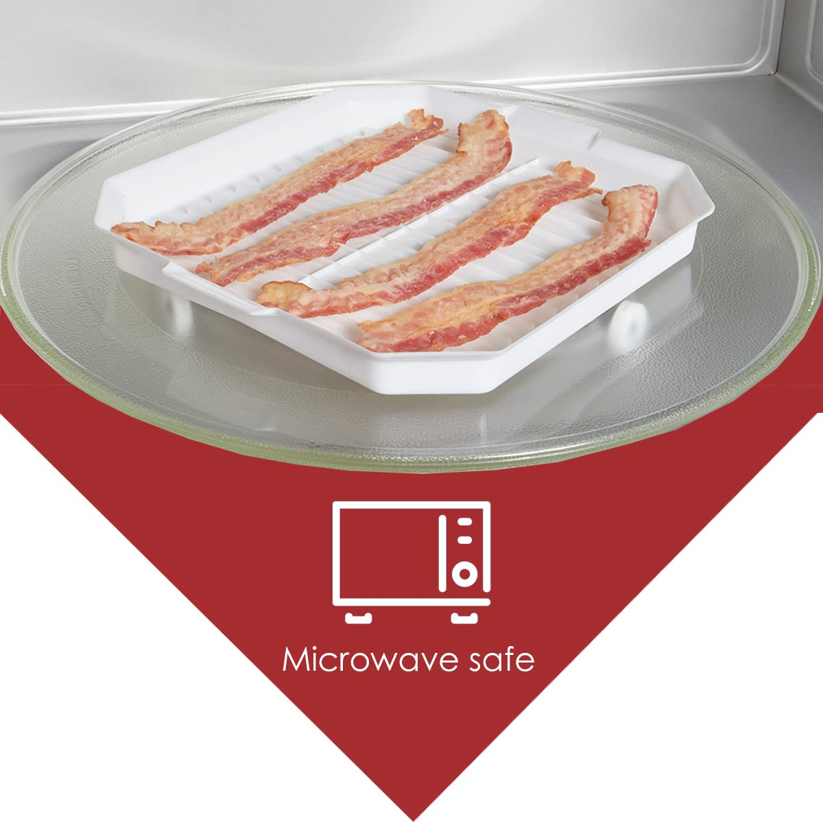 Home Basics White Plastic Microwave Cooking Tray with Ridged Grease Grooves - Perfect for Bacon, Sausage & Reheating Food | Durable Lightweight Design with Raised Lip to Prevent Spills | Ideal for Microwave Cooking, Meal Prep & Quick Cleanup