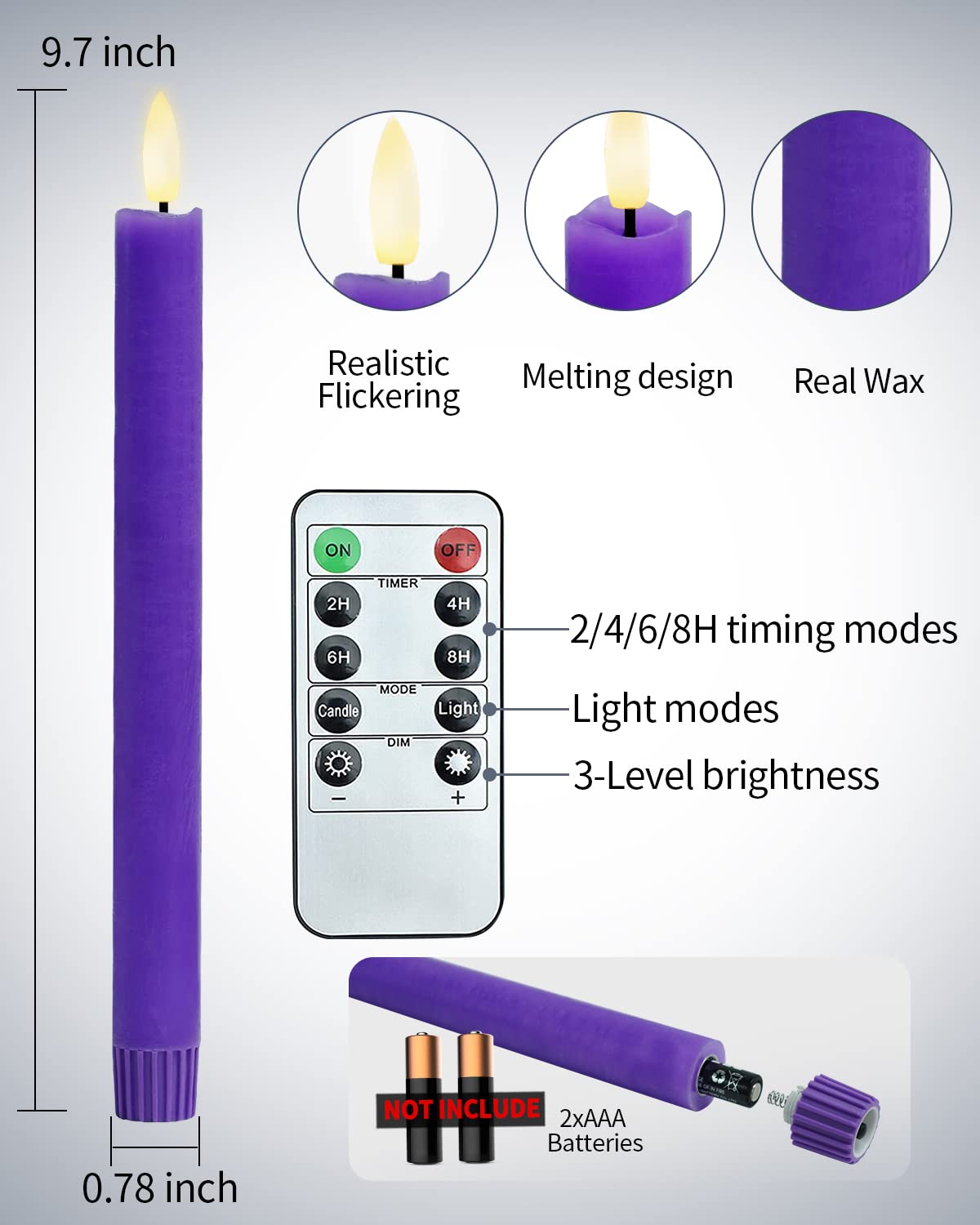 SHYMERY Flameless LED Taper Candles - Battery Operated Electric Candles with Remote Timer, Set of 4 (Purple & Pink) - Real Wax Flickering Flameless Candles for Christmas Decorations, Thanksgiving Centerpieces, Wreath Decor, Wedding & Home Decor