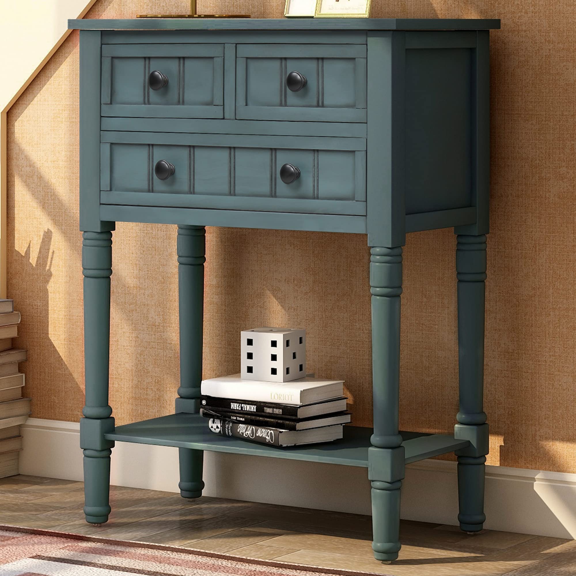P PURLOVE Wooden Sofa Table with 3 Drawers & Bottom Shelf - Entryway Console Table for Living Room, Hallway - Navy Blue Storage Table (Easy Assembly) | Perfect for Small Spaces, Behind Sofa Organization & Entryway Decor