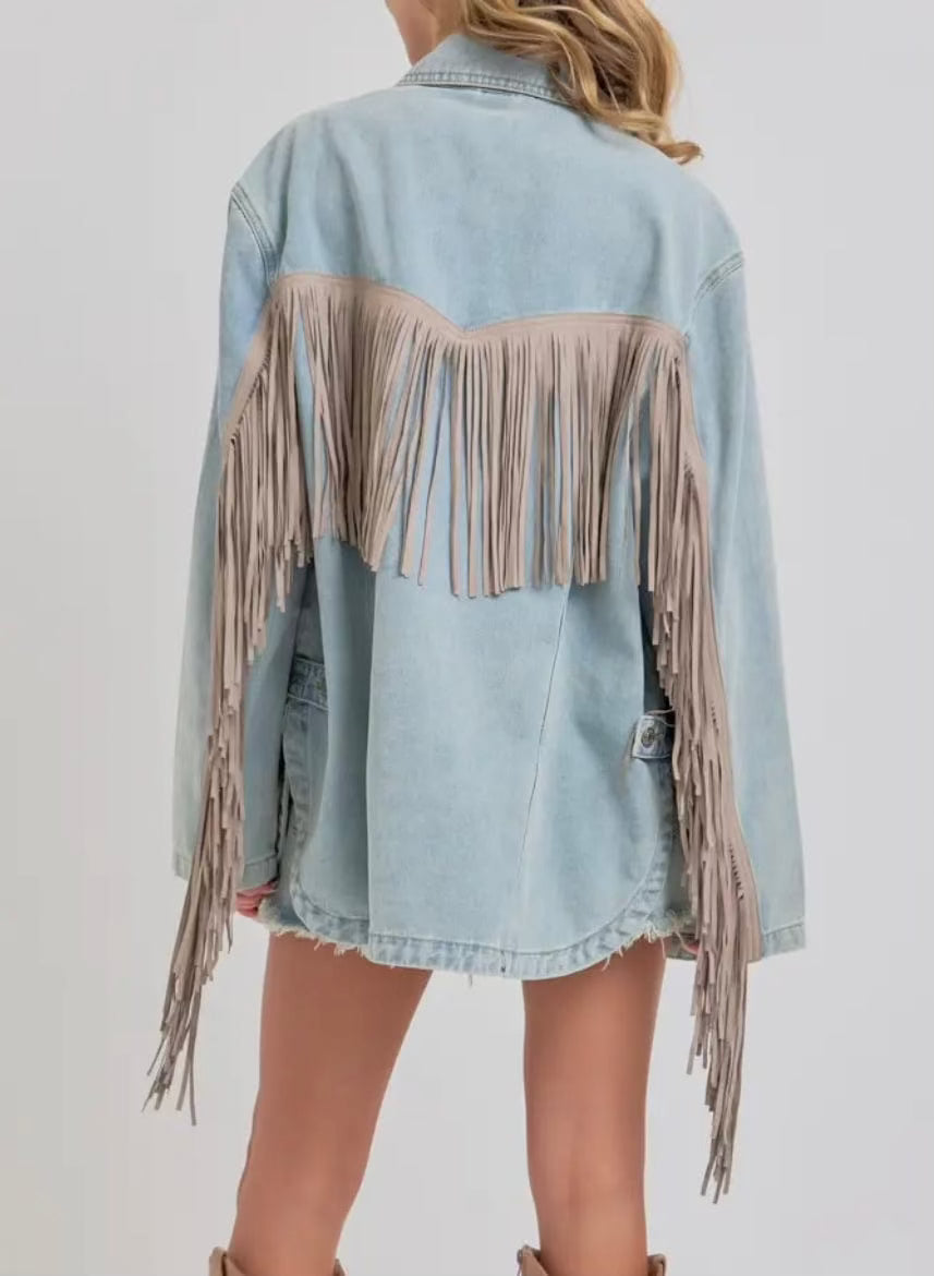 Vintage Inspired Women's Denim Fringe Jacket - Boho Western Style Denim Coat for Women - Perfect for Music Festivals, Casual Outings & Fall Layering