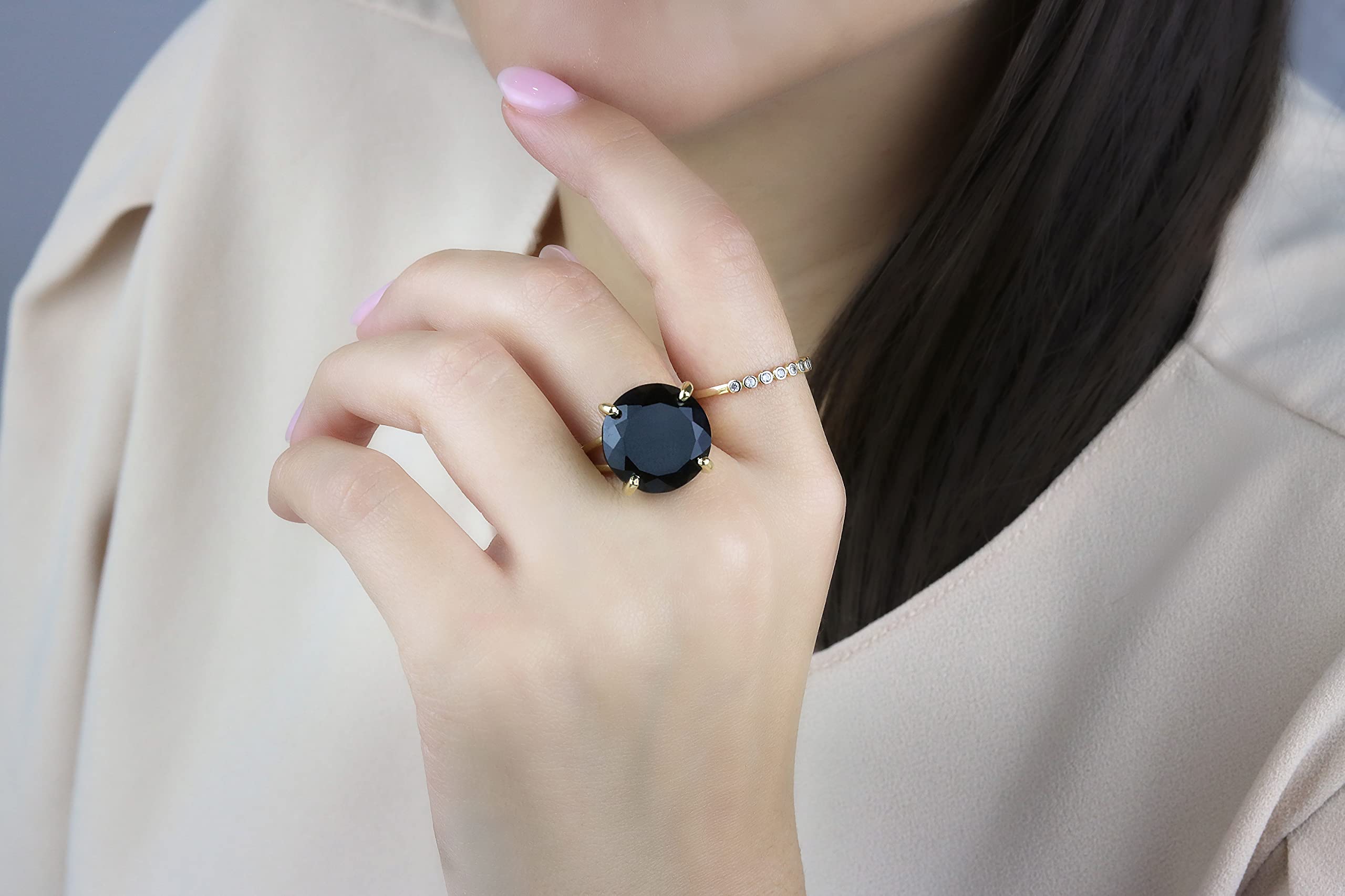 14K Gold Black Onyx Ring for Women - 16MM Bold Handmade Gemstone Jewelry - Elegant Fashion & Everyday Rings - Perfect for Parties, Office Wear & Special Occasions