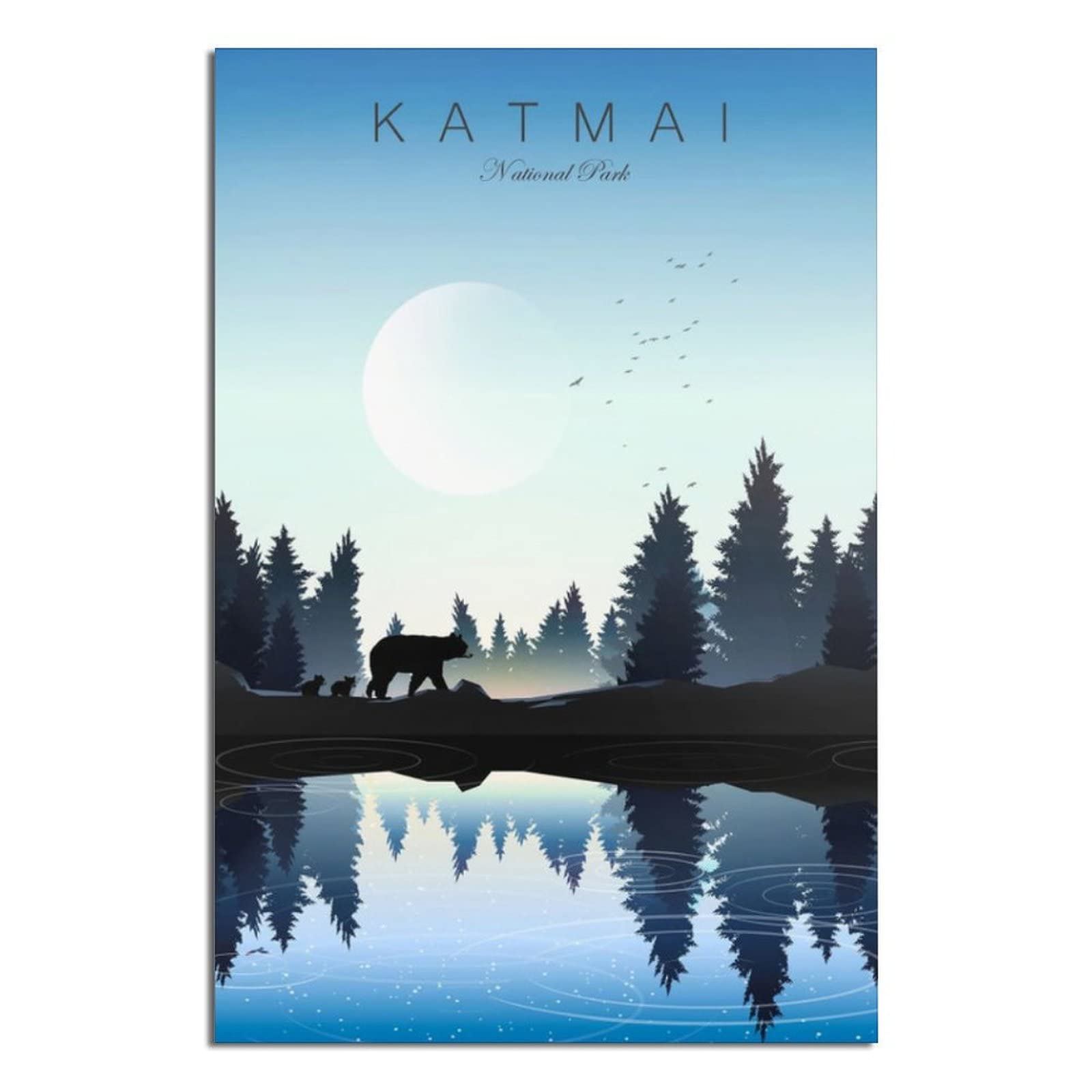 YNIEIL Alaska Vintage Katmai National Park Travel Poster - Bear Lake Moon Night Canvas Wall Art Print - Nature Forest Decor for Bedroom, Home Office & Gifts - Perfect for Wilderness Lovers & Adventure Theme Parties