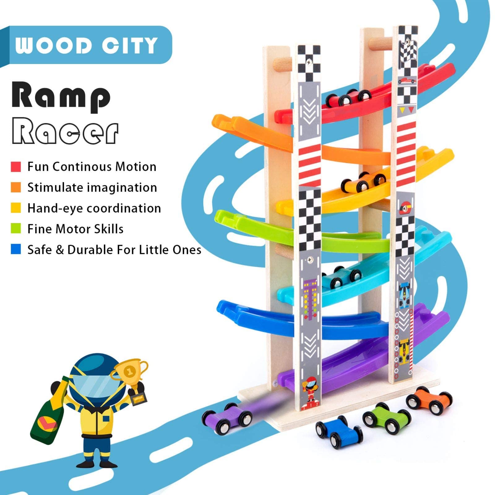 Wooden Car Ramp Racer Toy Set with 7 Mini Vehicles & Race Tracks - Montessori Learning Toys for Toddlers Ages 1-3 Years Old - Perfect Gift for Boys and Girls - Fun Indoor Play & Early Childhood Development Activity
