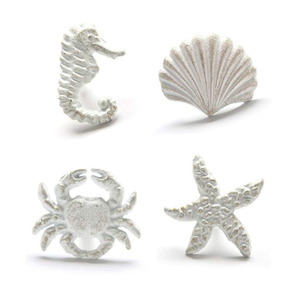 Ocean Theme Cast Iron Drawer Knobs - Seahorse, Starfish, Crab & Seashell Cabinet Handles for Drawers, Doors, Dressers - Pack of 4 (White) | Coastal Decor for Bathroom, Kitchen & Beach House Furniture