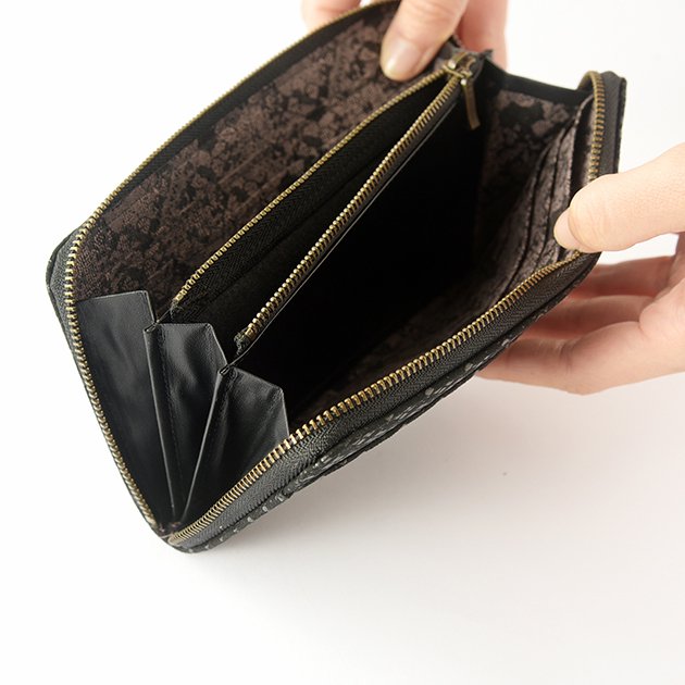 Premium Japanese Deerskin Leather U-Zip Long Wallet with Urushi Lacquer - Hishimon Family Crest Pattern in Gray Black | Handmade in Japan | Perfect for Men's Formal & Business Use