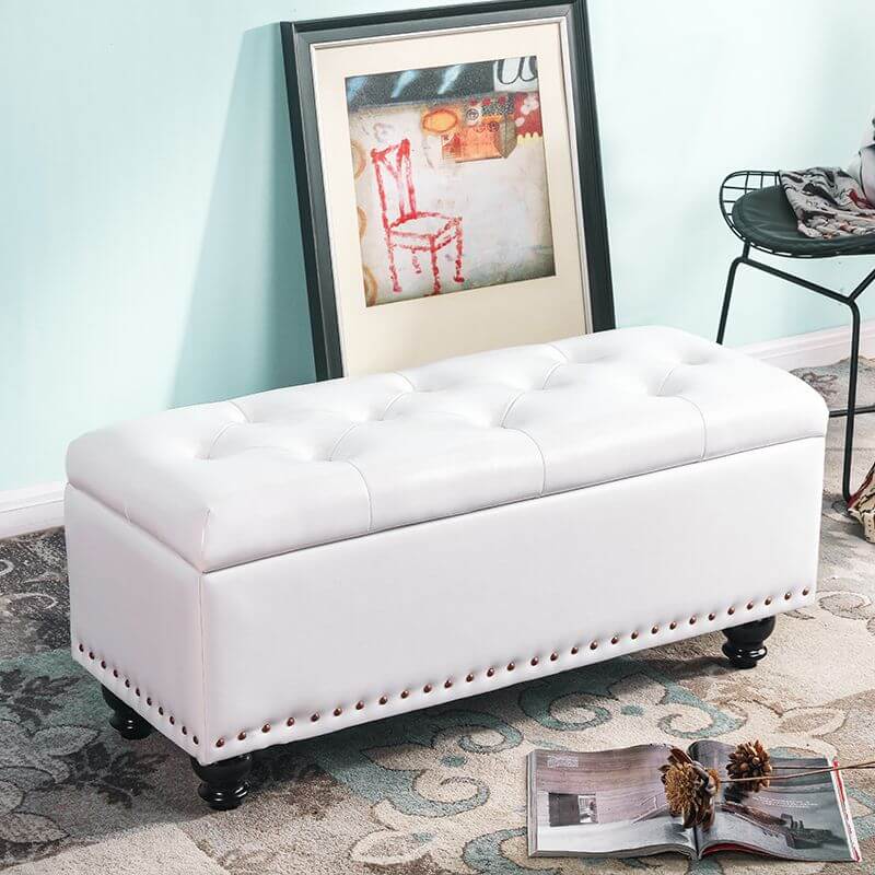 Water Resistant Stitch Tufted Upholstered Storage Ottoman with Nailhead Trim - Green/Peony/Butter Color, Modern Style with Legs - Perfect for Living Room, Bedroom & Home Office Organization