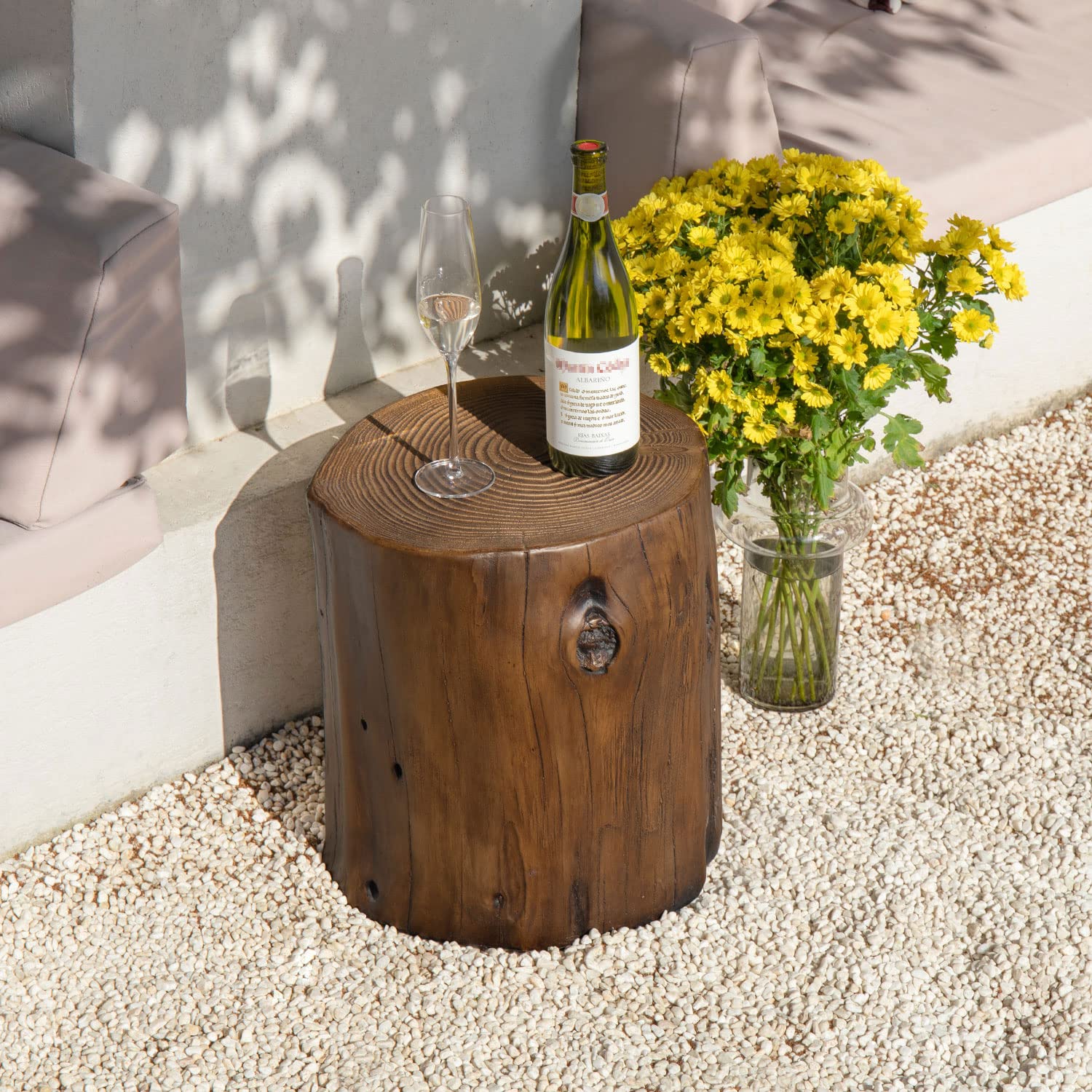Stylish 2-Piece Walnut Faux Wood Outdoor End Table Set - Hand-Painted Wood Stump Stool, Ottoman & Plant Stand for Deck, Garden or Patio Decor | Perfect for Outdoor Entertaining & Relaxation