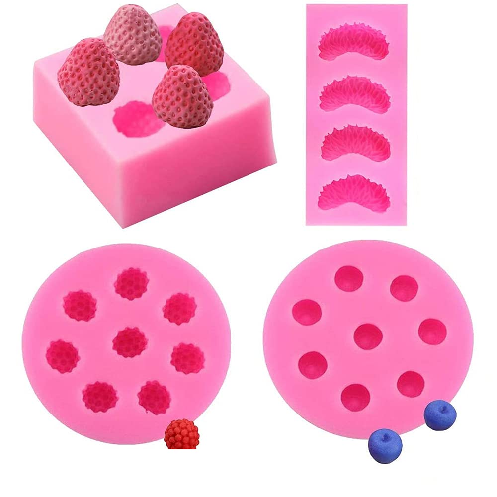 PULADE 3D Fruit Shaped Silicone Jelly Molds Set - Strawberry, Raspberry, Blueberry & Orange Mini Fondant Molds for Baking, Cake Decorating, Candy Making (4Pcs) - Perfect for Birthday Parties, Wedding Cakes & DIY Desserts