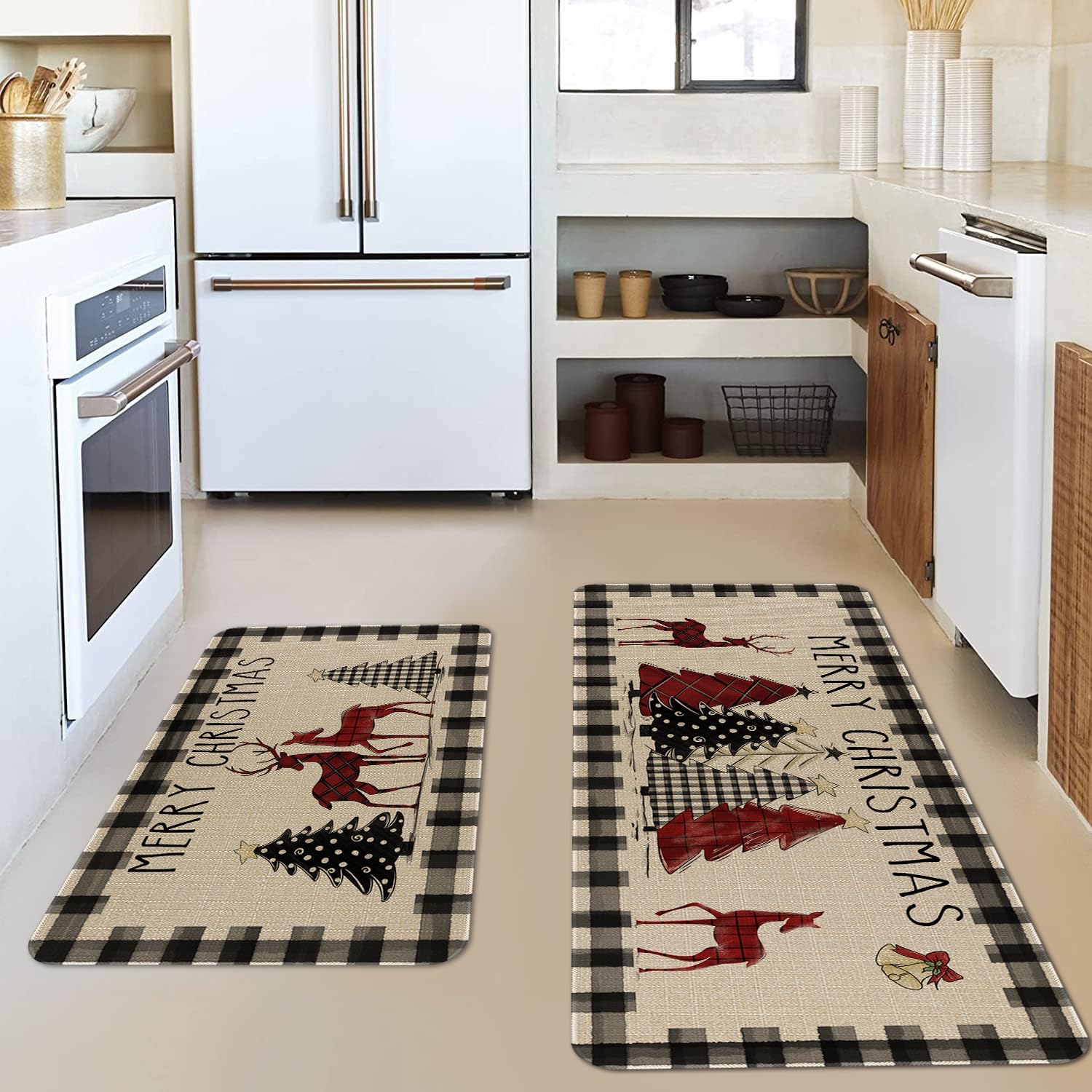 Faptoena Christmas Kitchen Rugs and Mats Set of 2, Non-Slip Waterproof Christmas Tree Floor Mat, Holiday Runner Rug for Sink, Laundry Room, Entryway, and Winter Home Decor