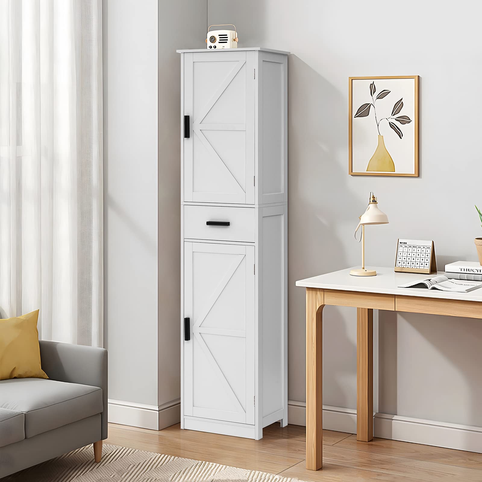 WEENFON 6-Shelf Tall Bathroom Storage Cabinet with Adjustable Shelves & Drawer - White Bathroom Organizer for Towels, Toiletries & Cosmetics - Perfect for Living Room, Home Office & Small Space Organization