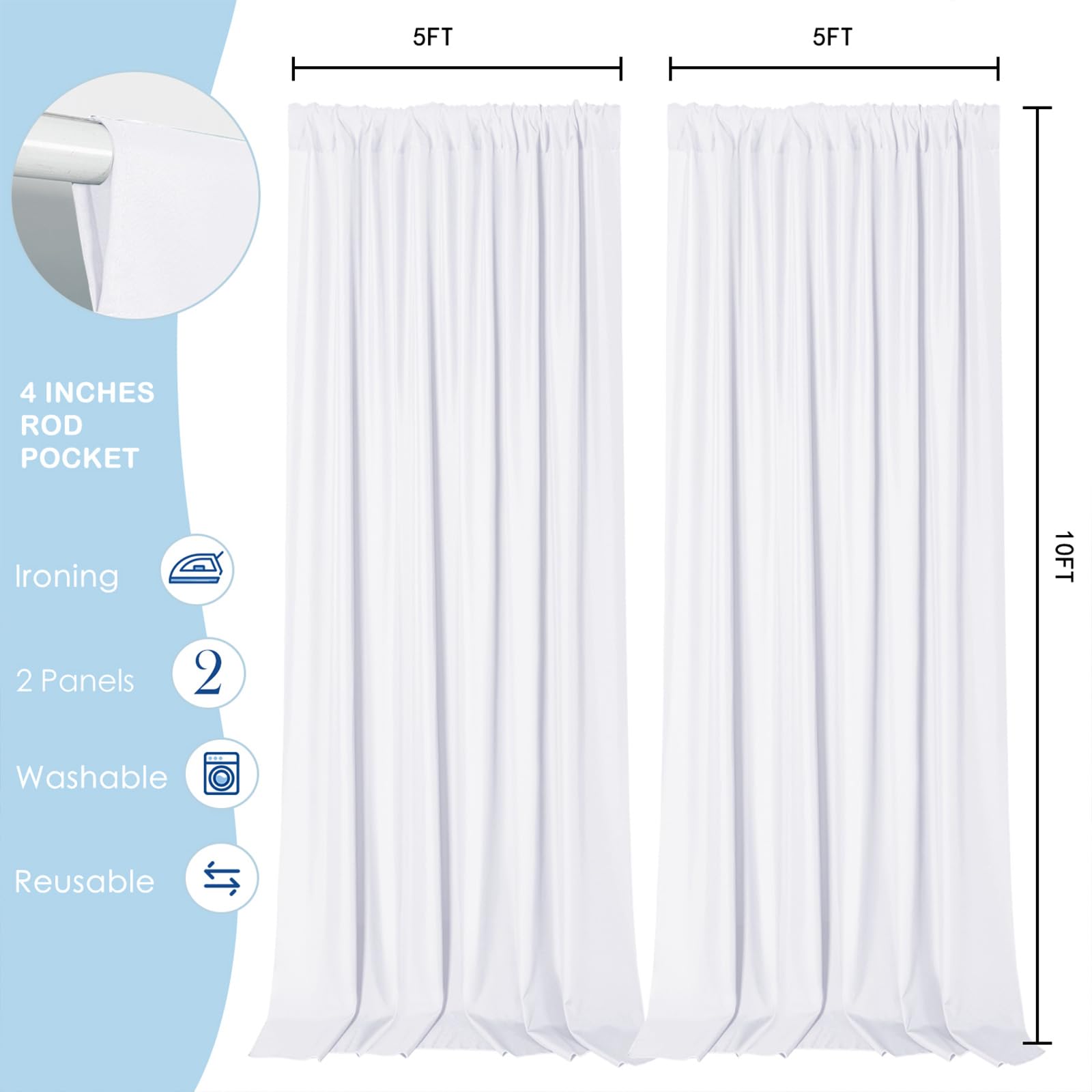 10x10FT White Polyester Photo Backdrop Curtains - 2 Panels with Rod Pockets for Photography, Party, Wedding & Home Decor | Perfect for Studio Shoots, Birthday Celebrations, and Living Room Decorations