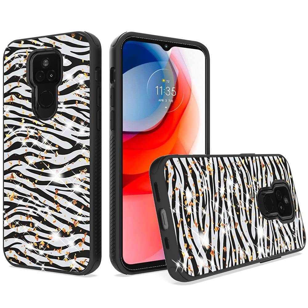 Premium PT Tempered Glass & Glitter Printed Hybrid Case for Motorola Moto G Play 2021 (XT2093DL) - Shatterproof Screen Protector + Stylish Zebra Print Stand Gift - Perfect for Everyday Protection & Fashionable Phone Accessorizing