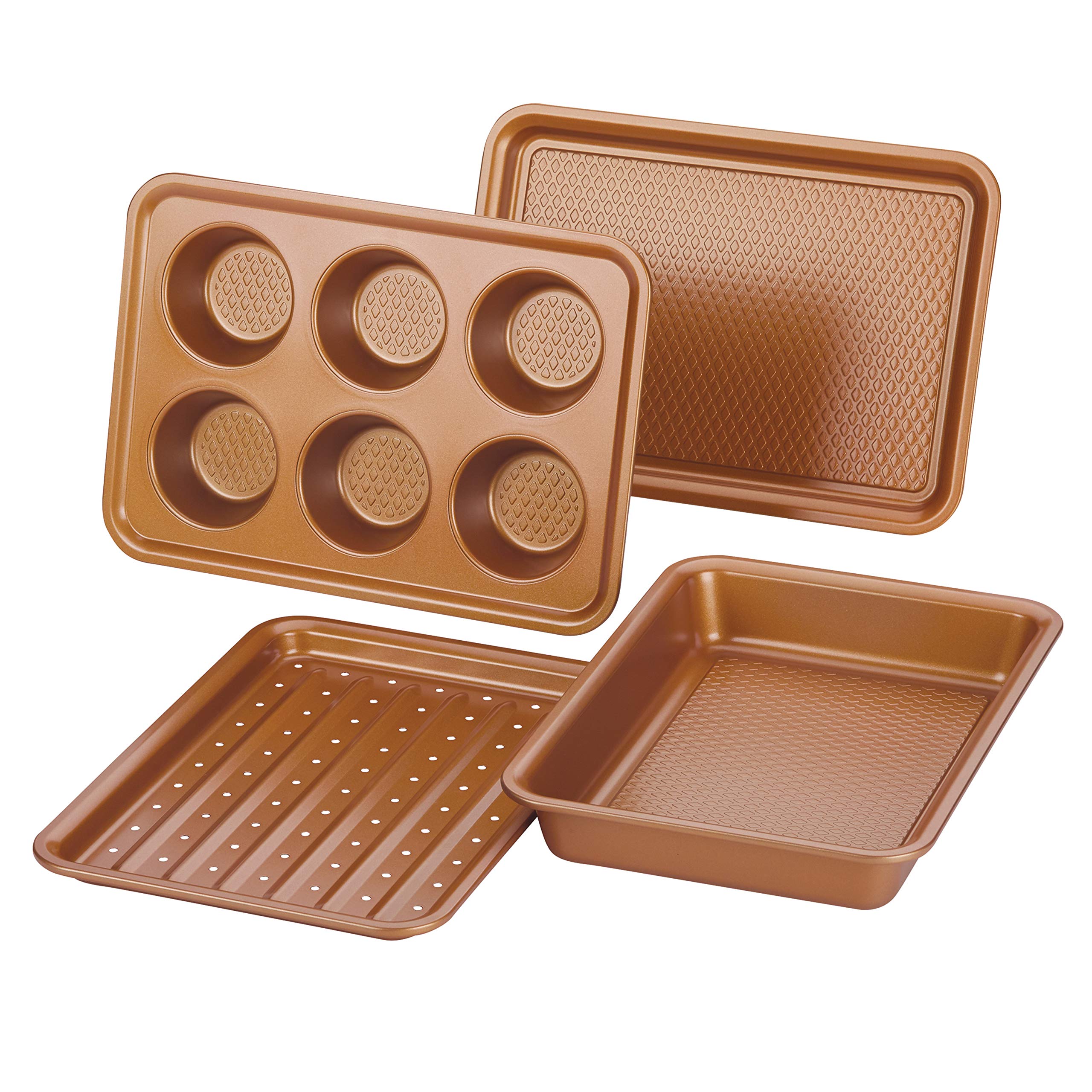 Ayesha Curry 4-Piece Nonstick Bakeware Set for Toaster Oven - Baking Pan, Cookie Sheet & Muffin Pan in Copper Brown | Perfect for Baking Cookies, Cupcakes & Family Meals