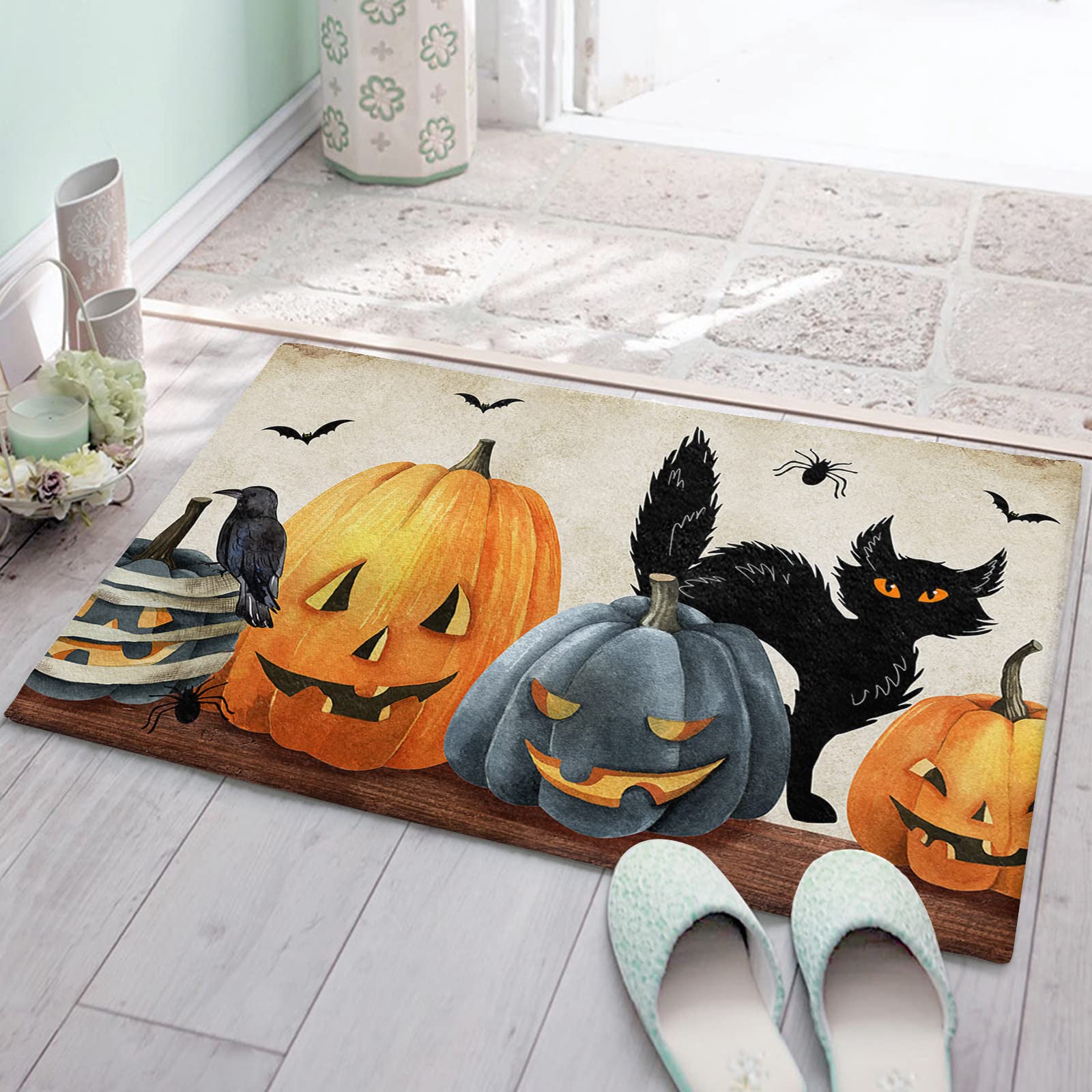Halloween Pumpkin Bats Crow Black Cat Retro Bathroom Rugs - Soft Plush Microfiber Non-Slip Bath Mats, 16