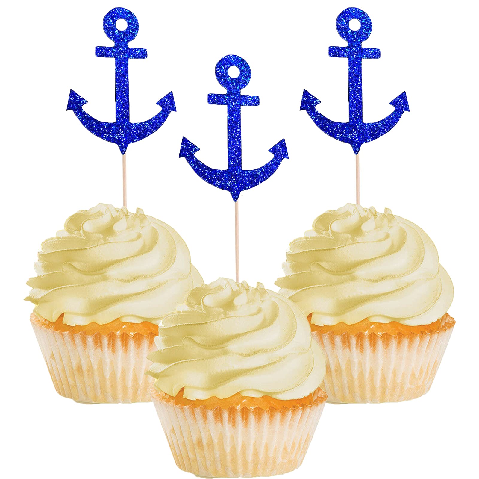 24PCS Nautical Anchor Cupcake Toppers - Navy Blue Ocean Theme Cupcake Decorations for Baby Shower, Birthday, Wedding & Party - Food Safe Fruit Picks for Dessert Buffet & Beach Themed Events
