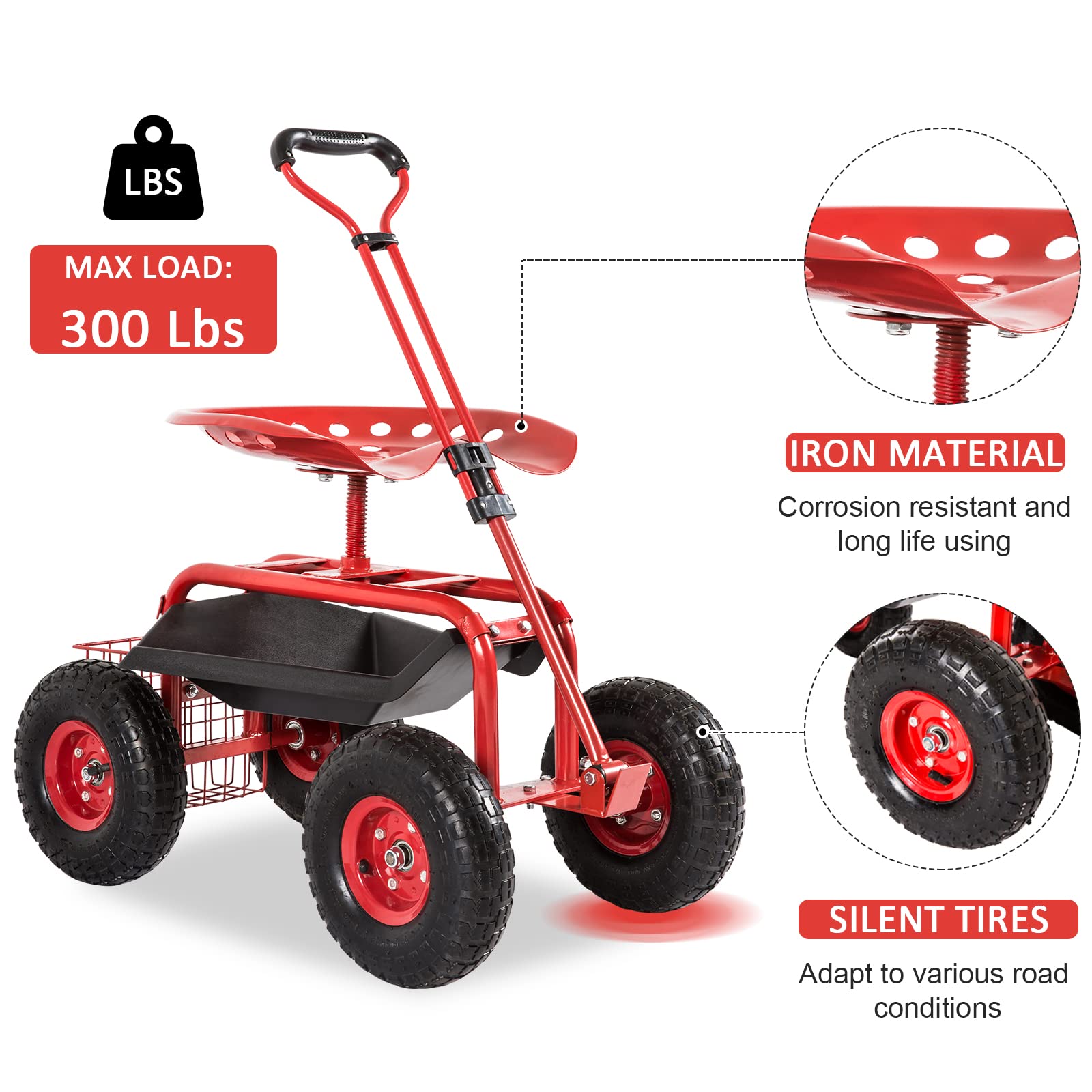 360° Swivel Rolling Garden Cart Work Seat with Adjustable Height, Storage Basket & 4 Wheels - Heavy Duty Gardening Scooter for Planting, Weeding & Outdoor Work - Perfect for Backyard, Greenhouse & Landscaping Projects