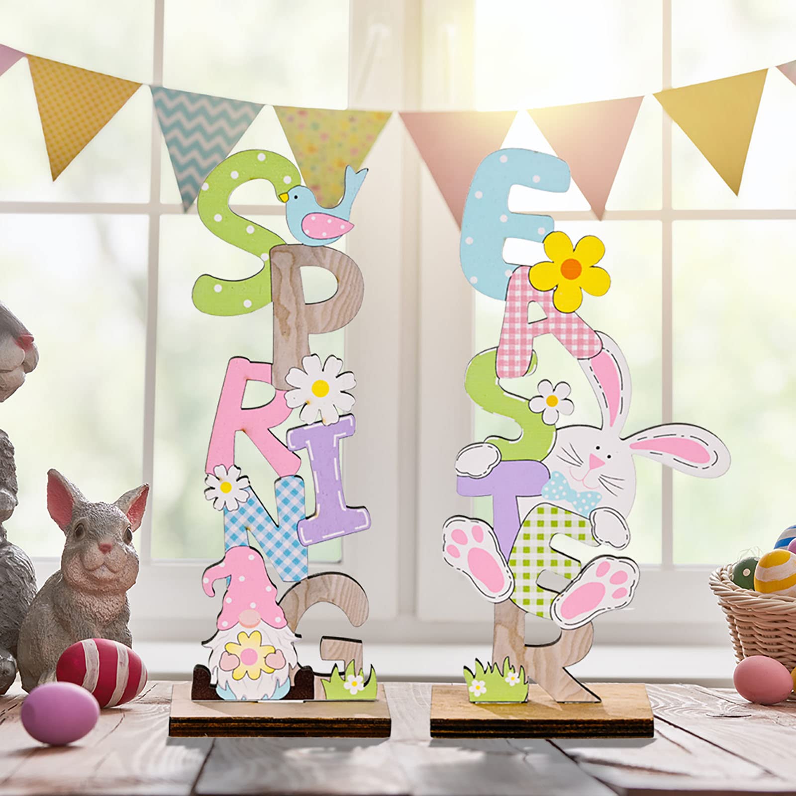 Easter Wooden Bunny Gnomes Table Decor - Spring Holiday Centerpiece for Indoor Outdoor Home Garden & Coffee Table - Perfect for Easter Party Family Gatherings & Seasonal Home Decoration