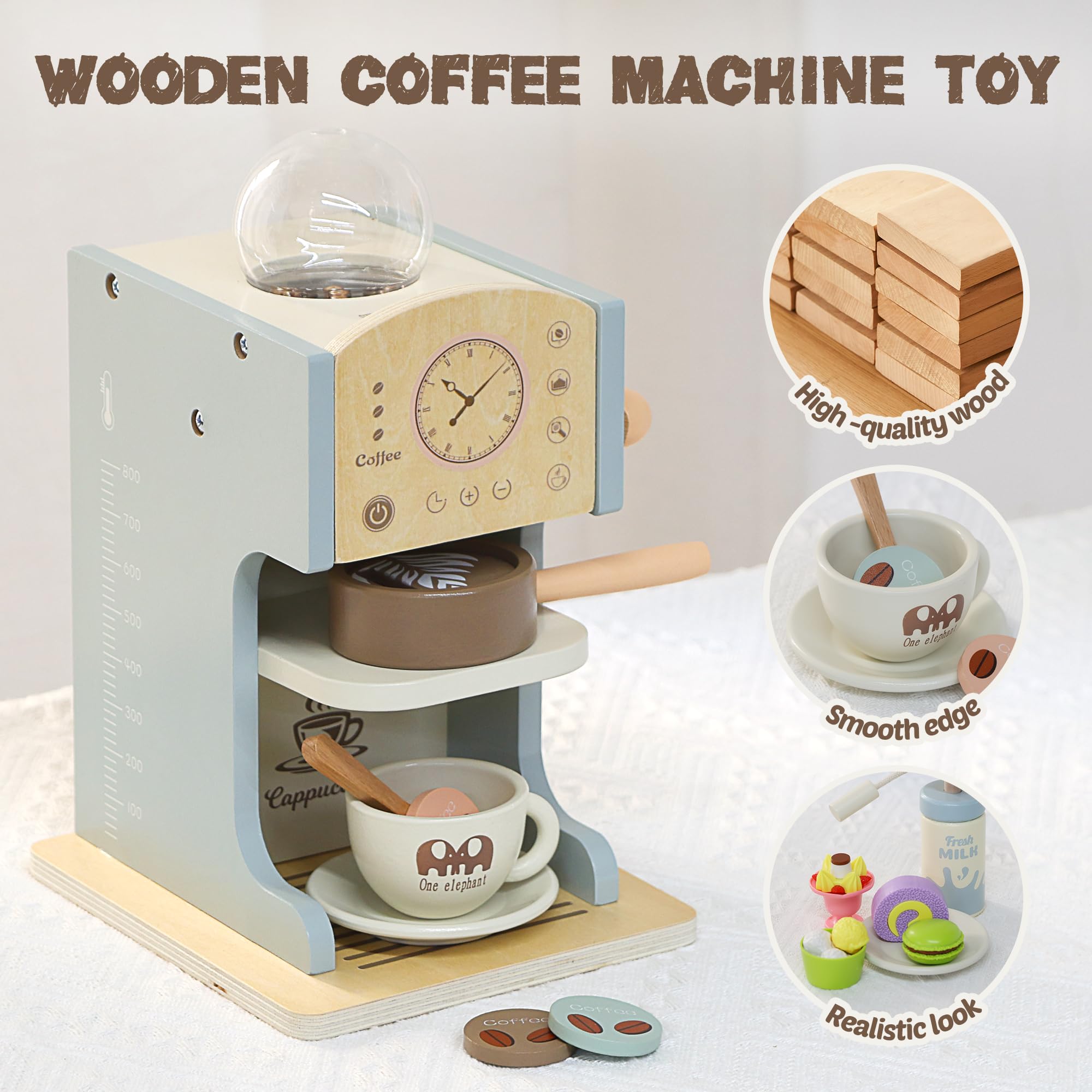 **Wooden Toy Coffee Maker for Kids - Pretend Play Kitchen Set with Coffee Shop Accessories & Toy Desserts - Educational Role Play Toys for Toddlers, Girls & Boys - Perfect for Home, Classroom & Playdates**