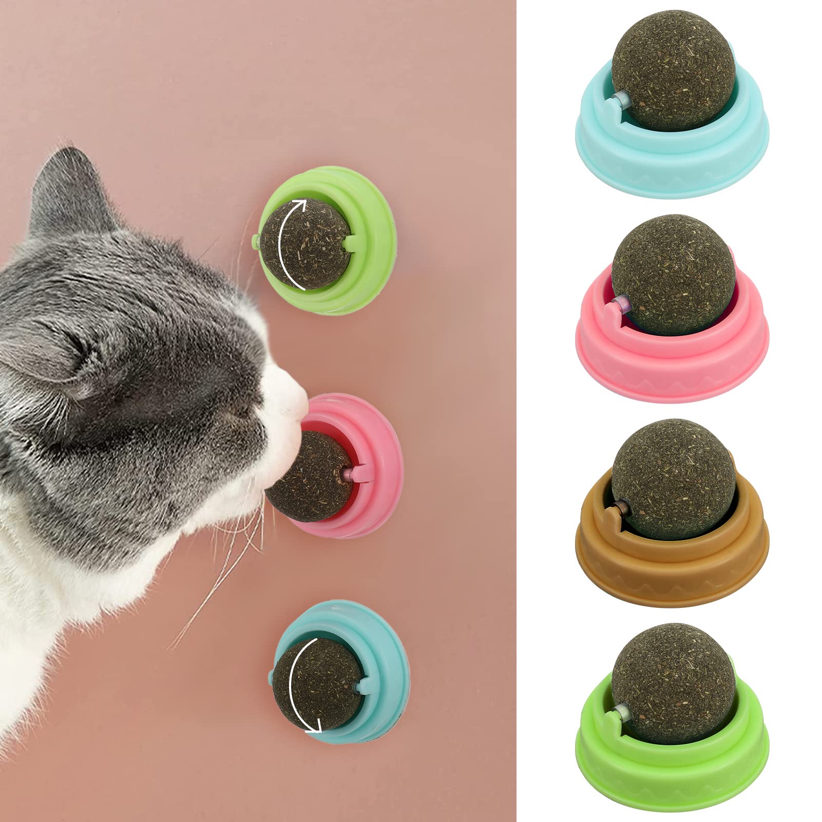 Dacitiery 4PCS Catnip Balls Toy for Cats - Rotatable Edible Interactive Cat Toy with Self-Adhesive Catnip Teeth Cleaning Licking Balls for Kittens | Fun Indoor Play, Stress Relief & Dental Care for Adult Cats & Kittens