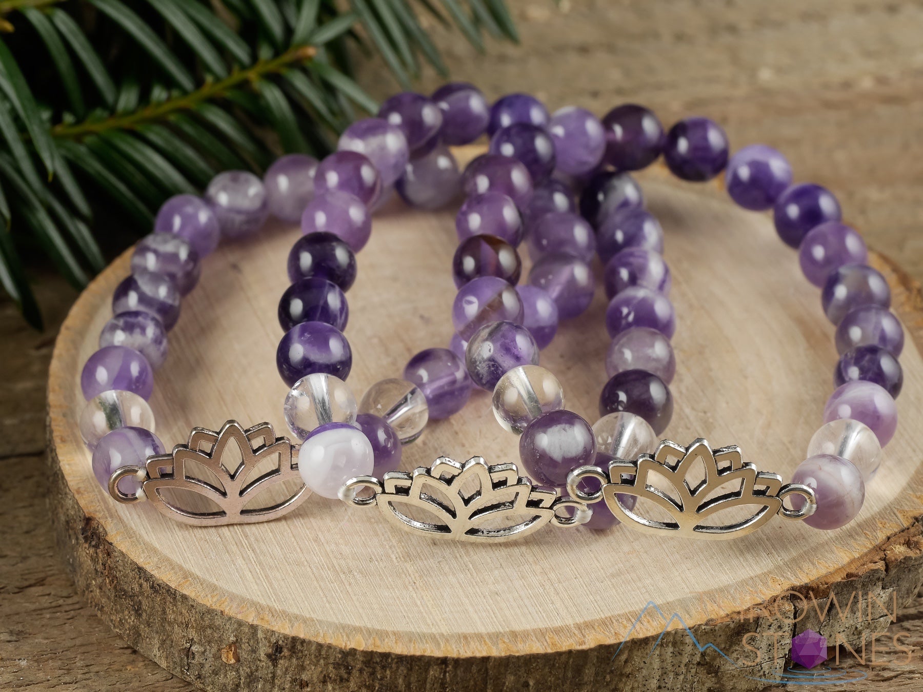 Chevron Amethyst Crystal Bracelet with Lotus Flower Charm - Clear Quartz Round Beads - Handmade Beaded Charm Bracelet for Women - Spiritual Healing Jewelry for Meditation, Yoga & Positive Energy (E1437)