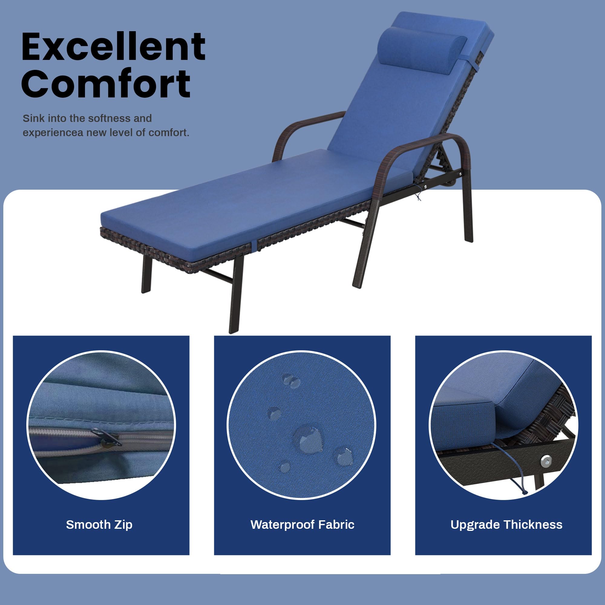 3-Piece Patio Chaise Lounge Set with Cushions - Adjustable Rattan Backrest Outdoor Folding Chairs & Table - Navy Blue Poolside Furniture for Backyard, Porch, Beach and Garden Relaxation