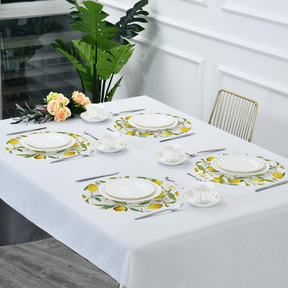 Blueangle Lemon Placemats - Set of 6 Round Non-Slip Table Mats for Dining, Heat Resistant & Decorative - Perfect for Kitchen, Party, and Outdoor Picnic Use