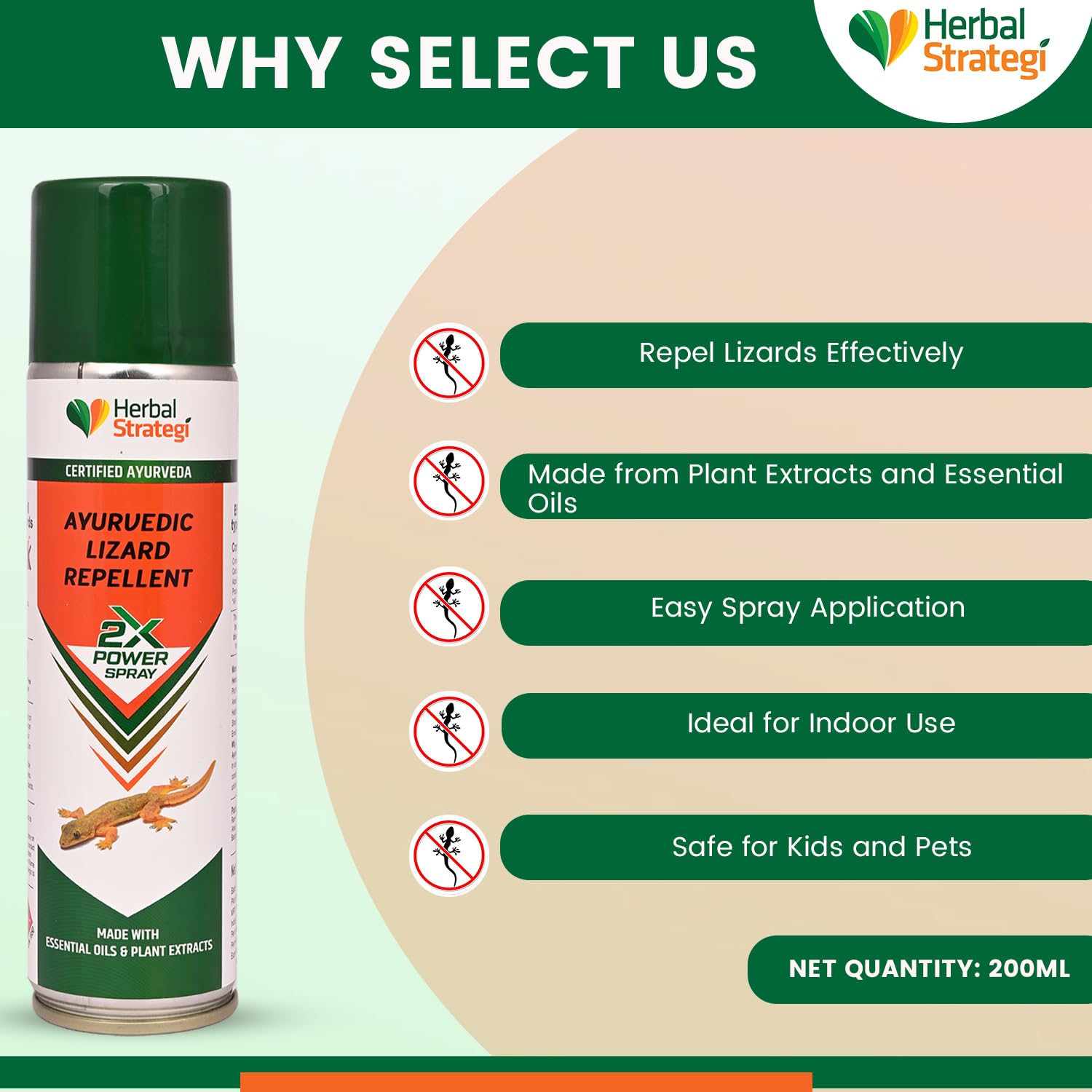 **Herbal Strategi Ayurvedic Lizard Repellent Spray - 200ml | 100% Natural & Chemical-Free | Safe for Babies & Pets | Certified Ayurvedic | Keep Lizards Away from Home, Kitchen, & Garden**