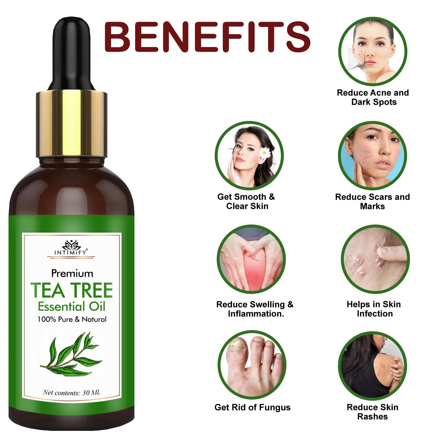 INTIMIFY 100% Pure Tea Tree Essential Oil for Hair Growth, Acne Treatment & Skin Care | Natural Aromatherapy for Women & Men | 30ml (1 Pack) | Perfect for DIY Beauty, Scalp Massage & Relaxation