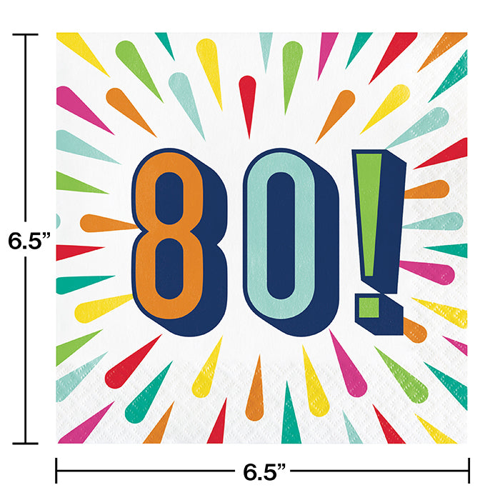 80th Birthday Burst Luncheon Napkins (16/Pkg) - Colorful Party Napkins for Birthday Celebrations, Anniversary Parties & Special Events